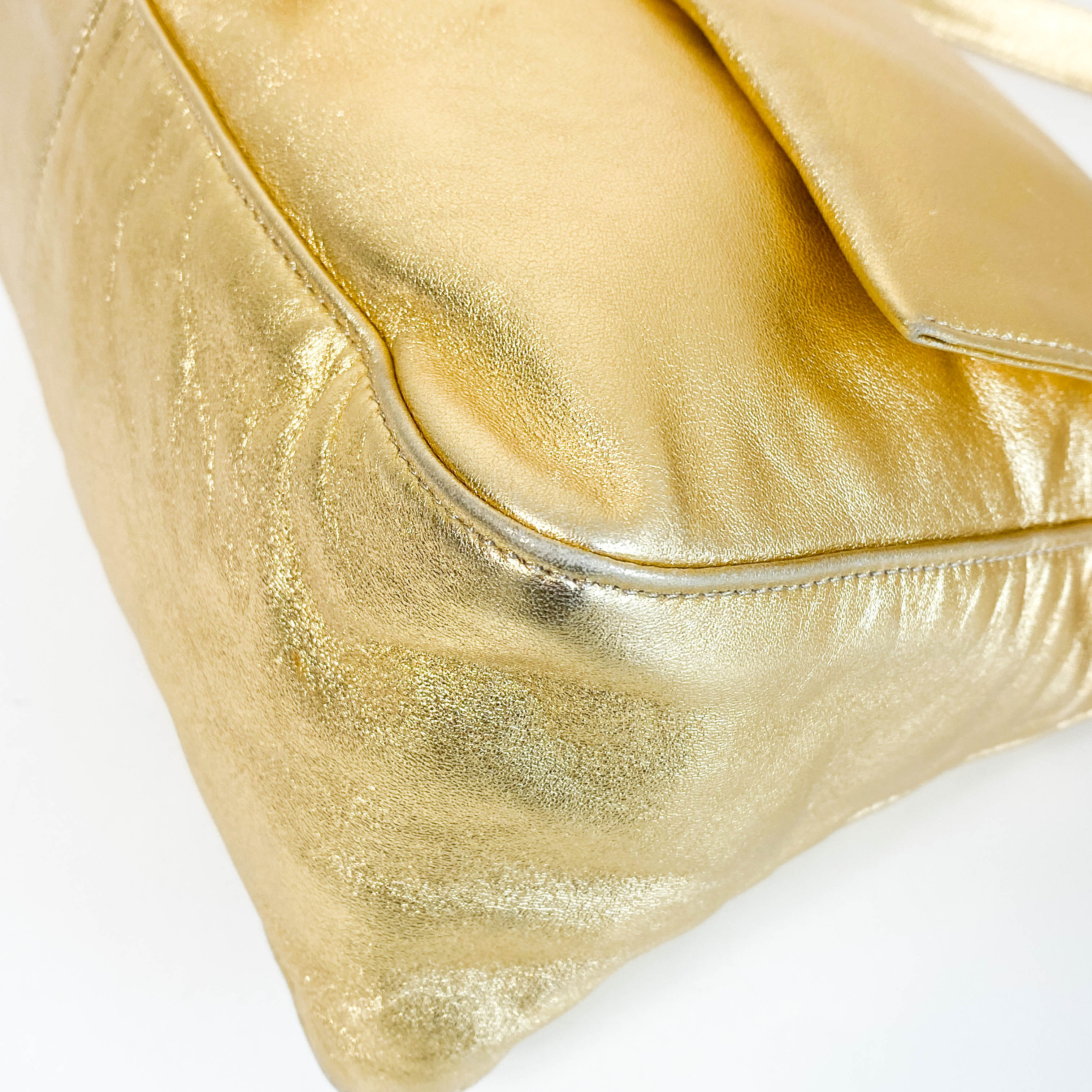 Mamma Baguette Gold Metallic Leather / Rhinestone Hardware Shoulder Bag