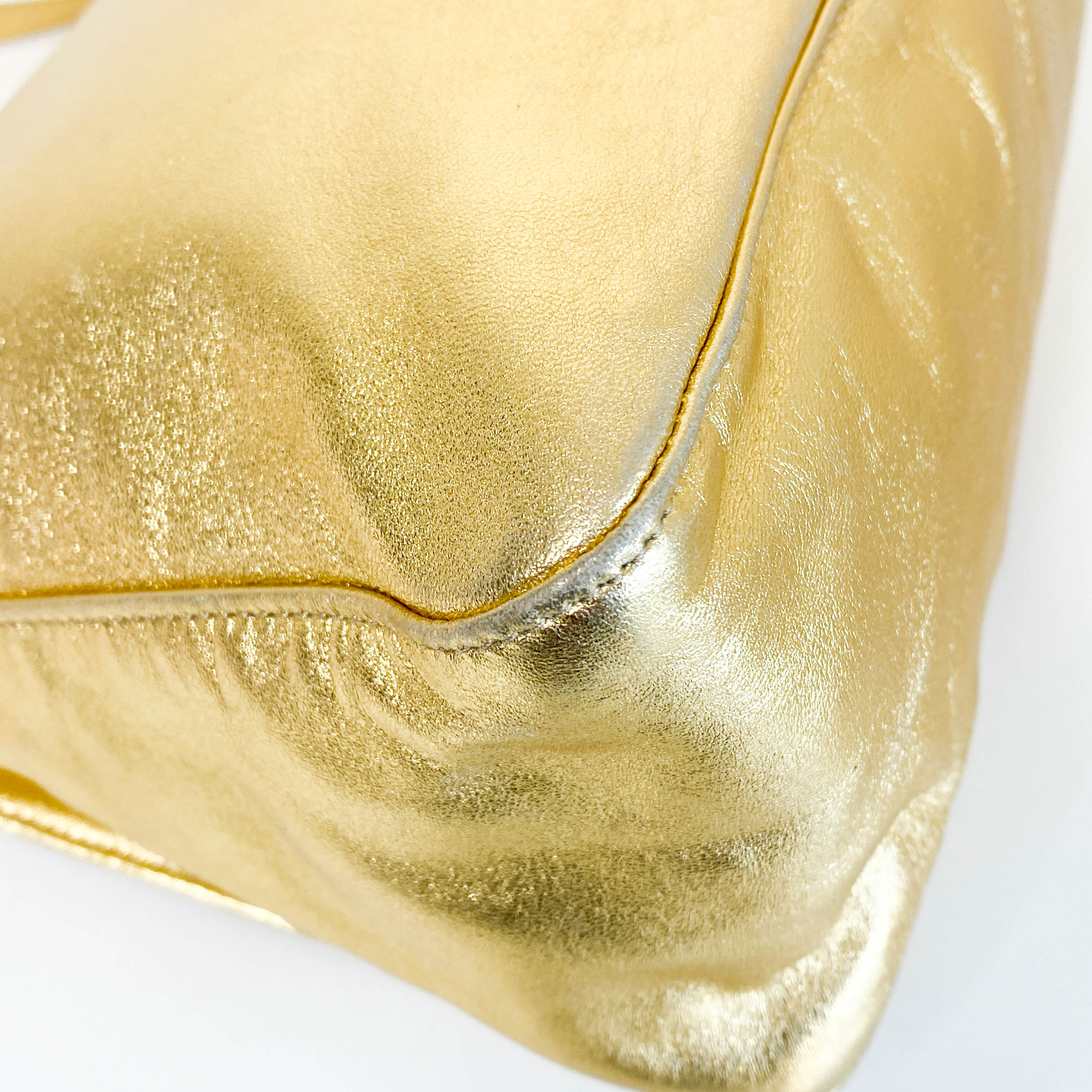 Mamma Baguette Gold Metallic Leather / Rhinestone Hardware Shoulder Bag