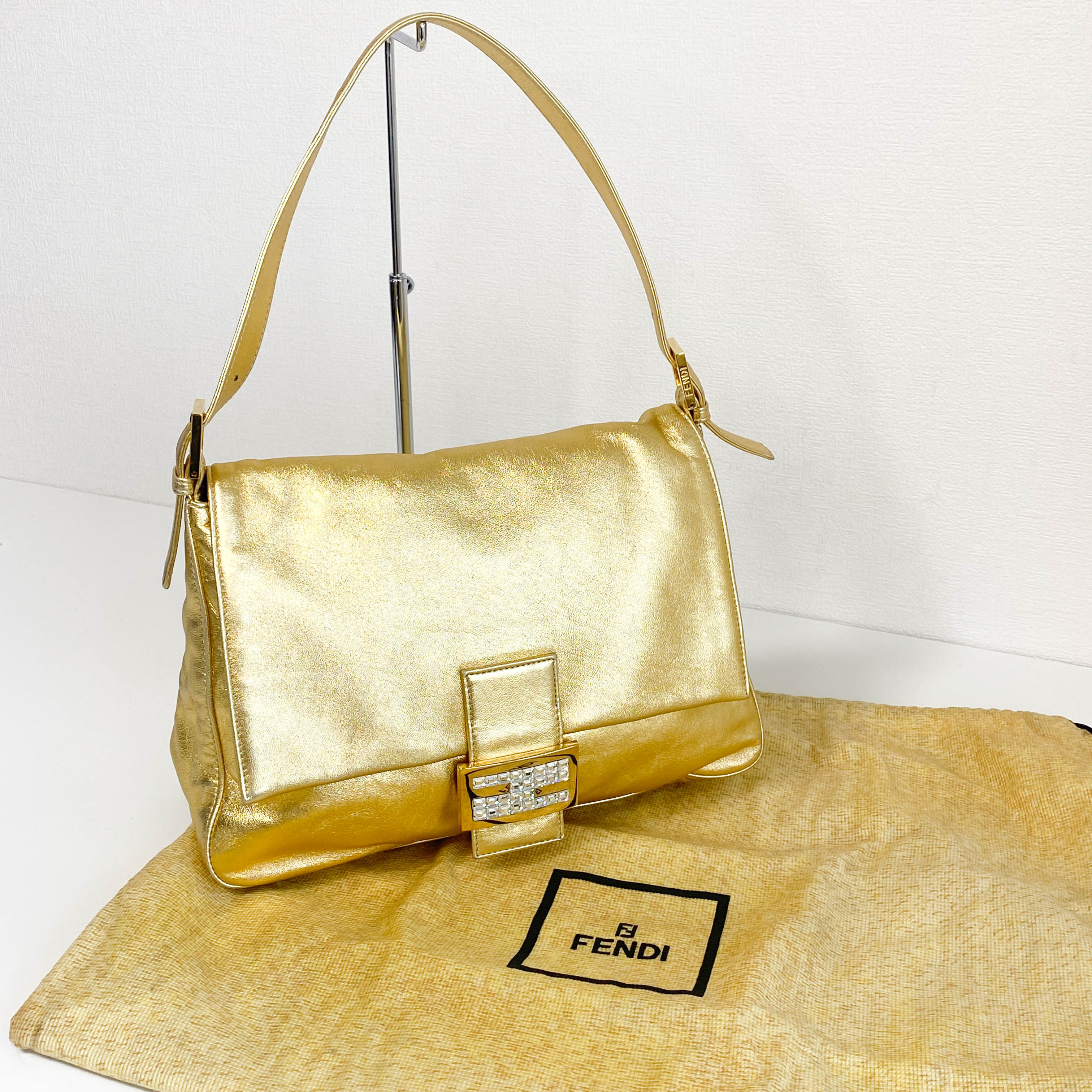 Mamma Baguette Gold Metallic Leather / Rhinestone Hardware Shoulder Bag