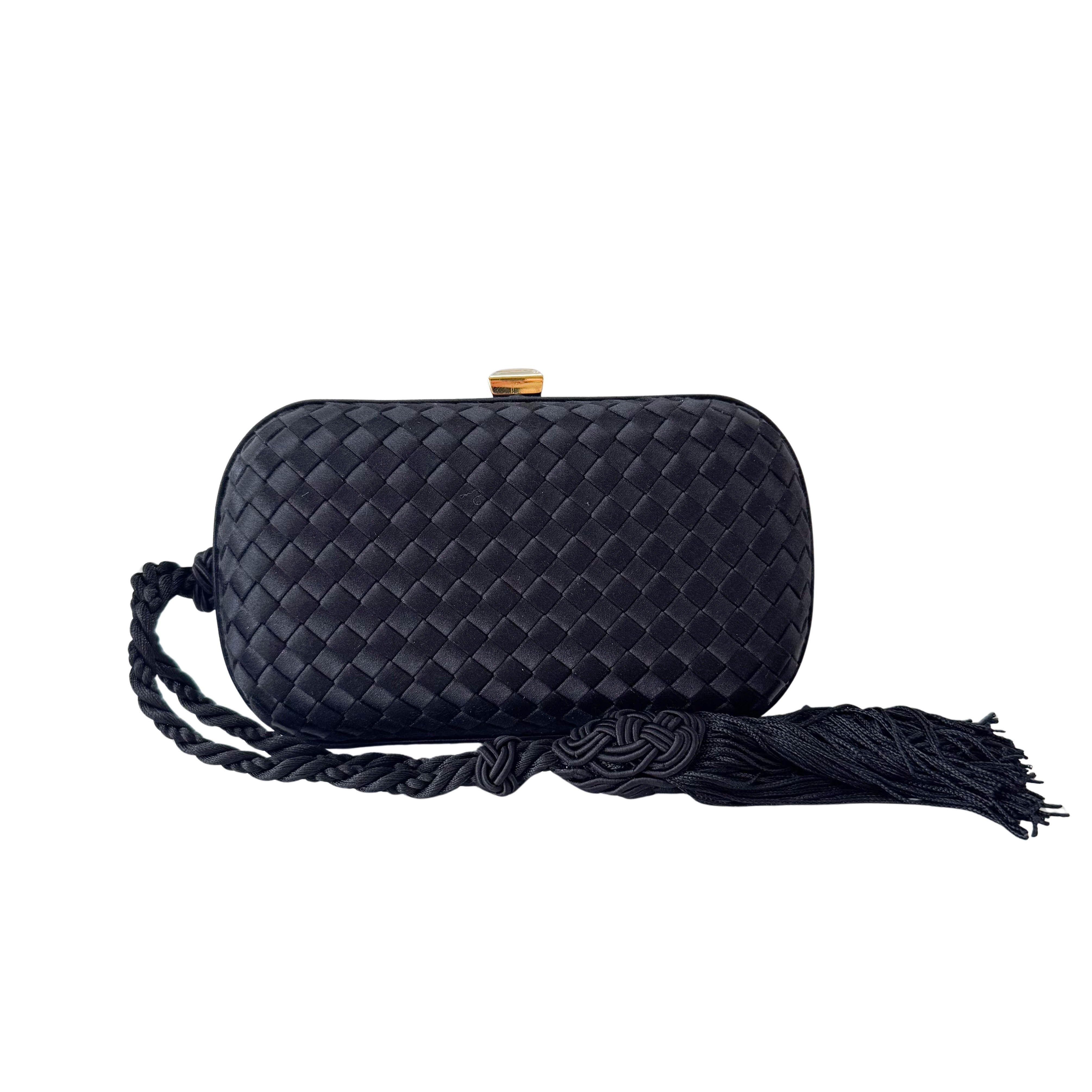 Intrecciato Black Satin Mini Clutch Bag