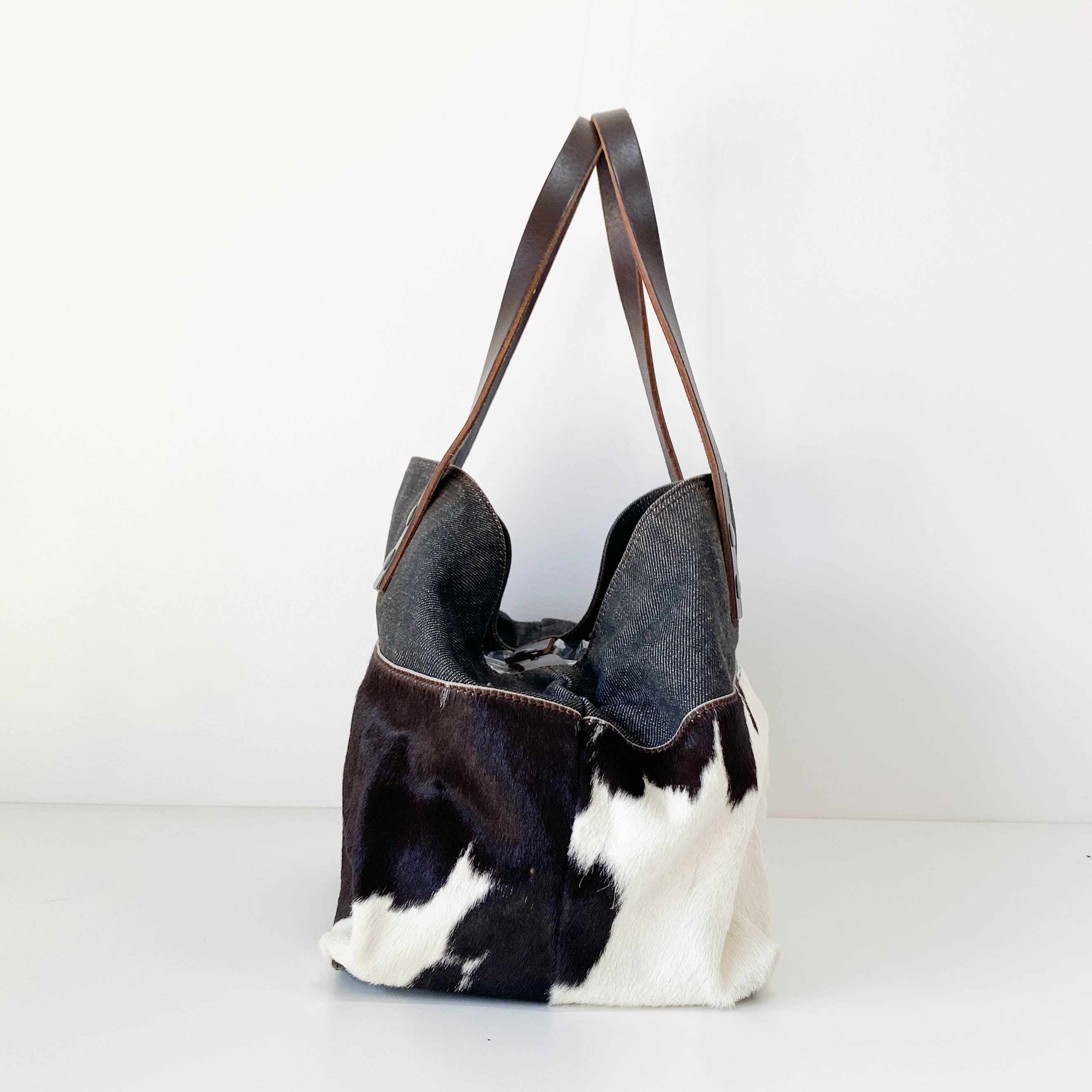 Multi Colour Cow Print Pony Hair & Denim Bag