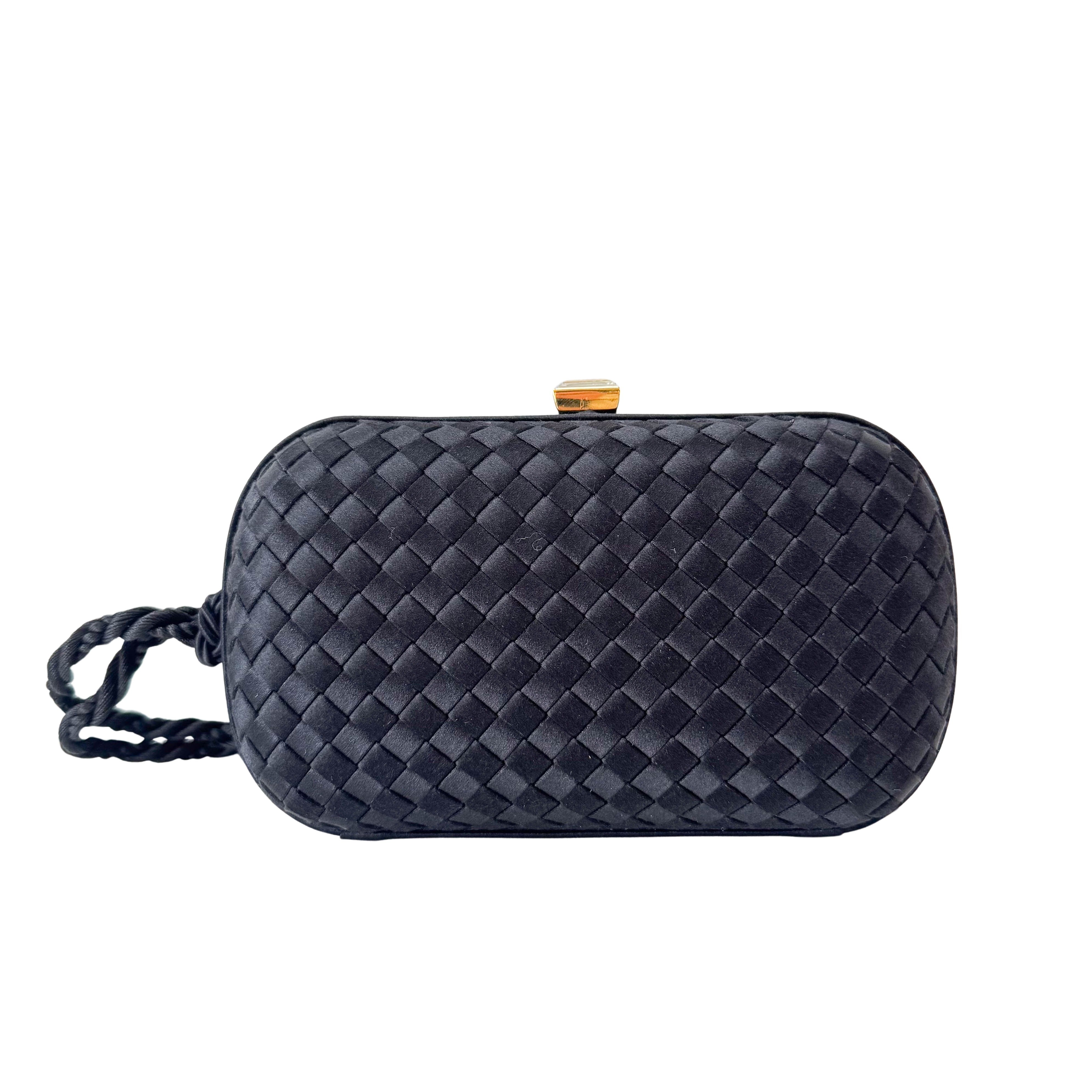 Intrecciato Black Satin Mini Clutch Bag