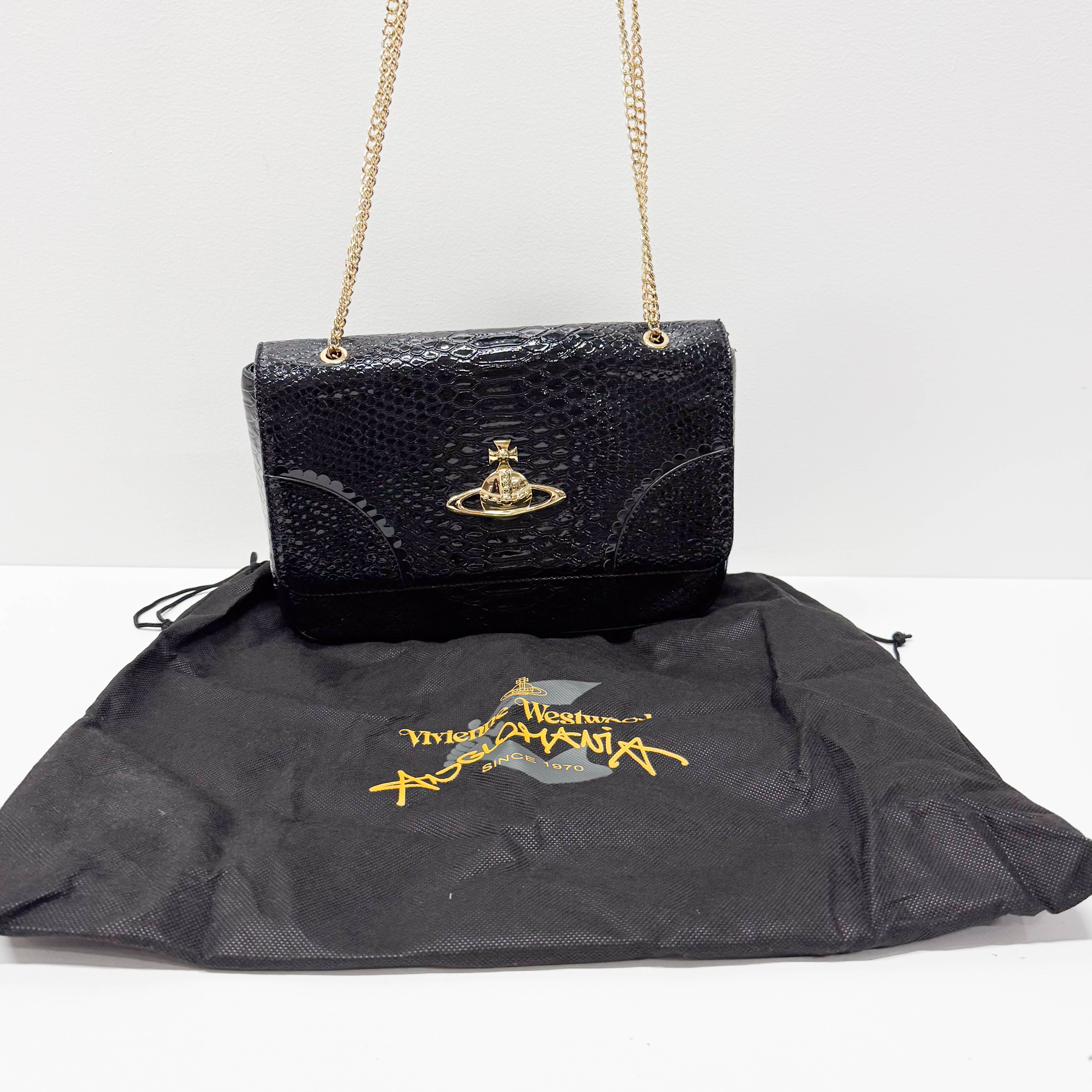 Anglomania Orb Black Croc Embossed Leather Shoulder Bag