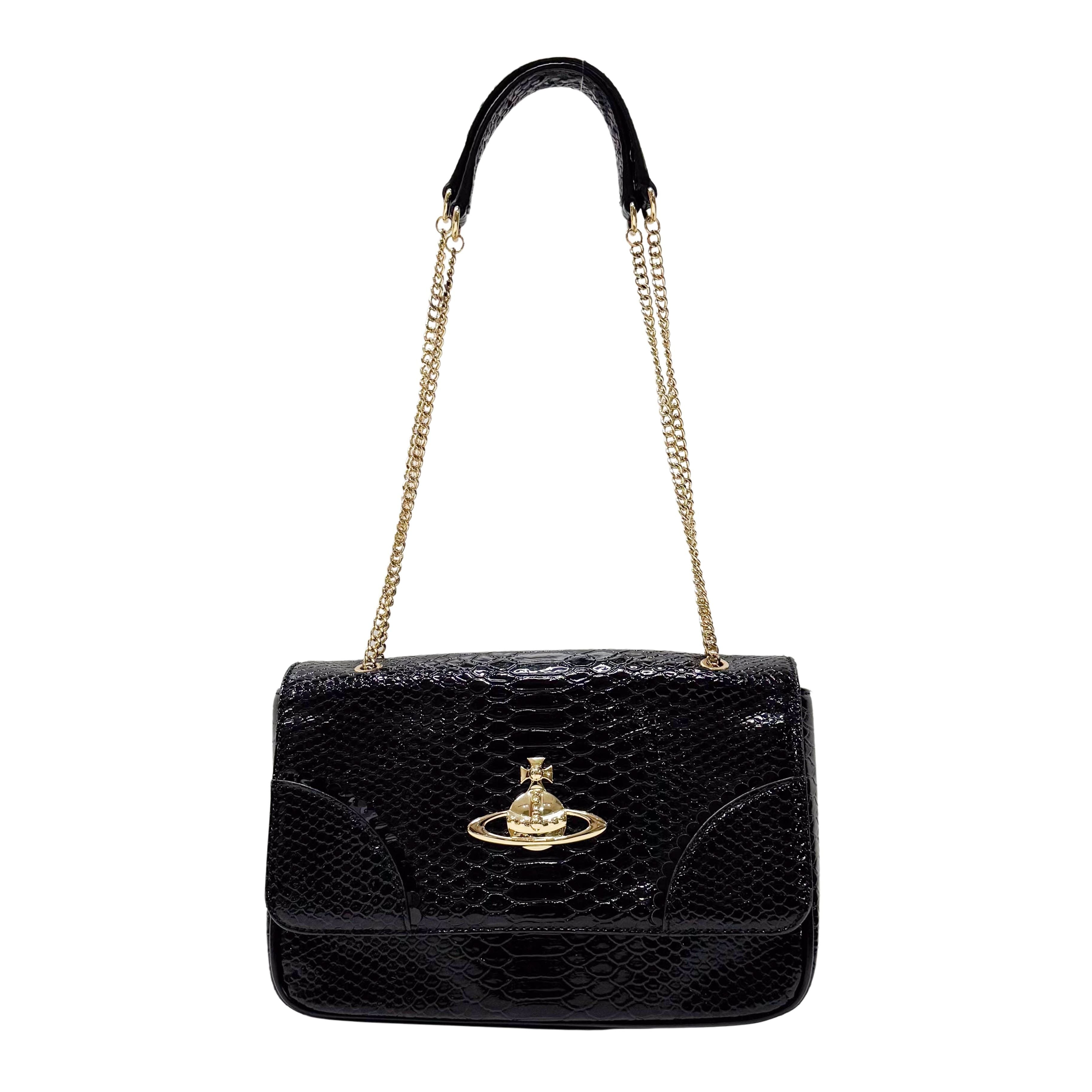 Anglomania Orb Black Croc Embossed Leather Shoulder Bag