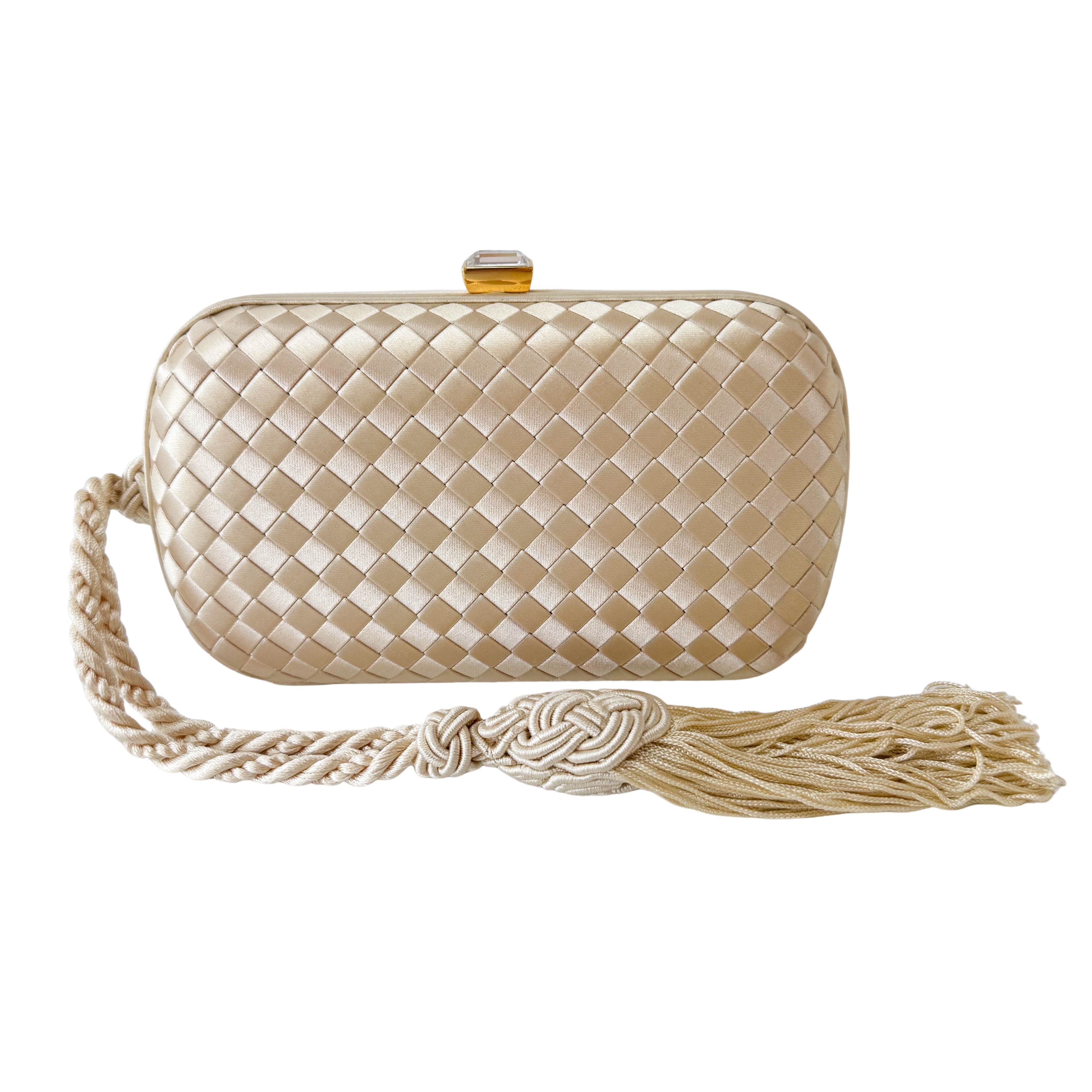 Intrecciato Beige Satin Mini Clutch Bag