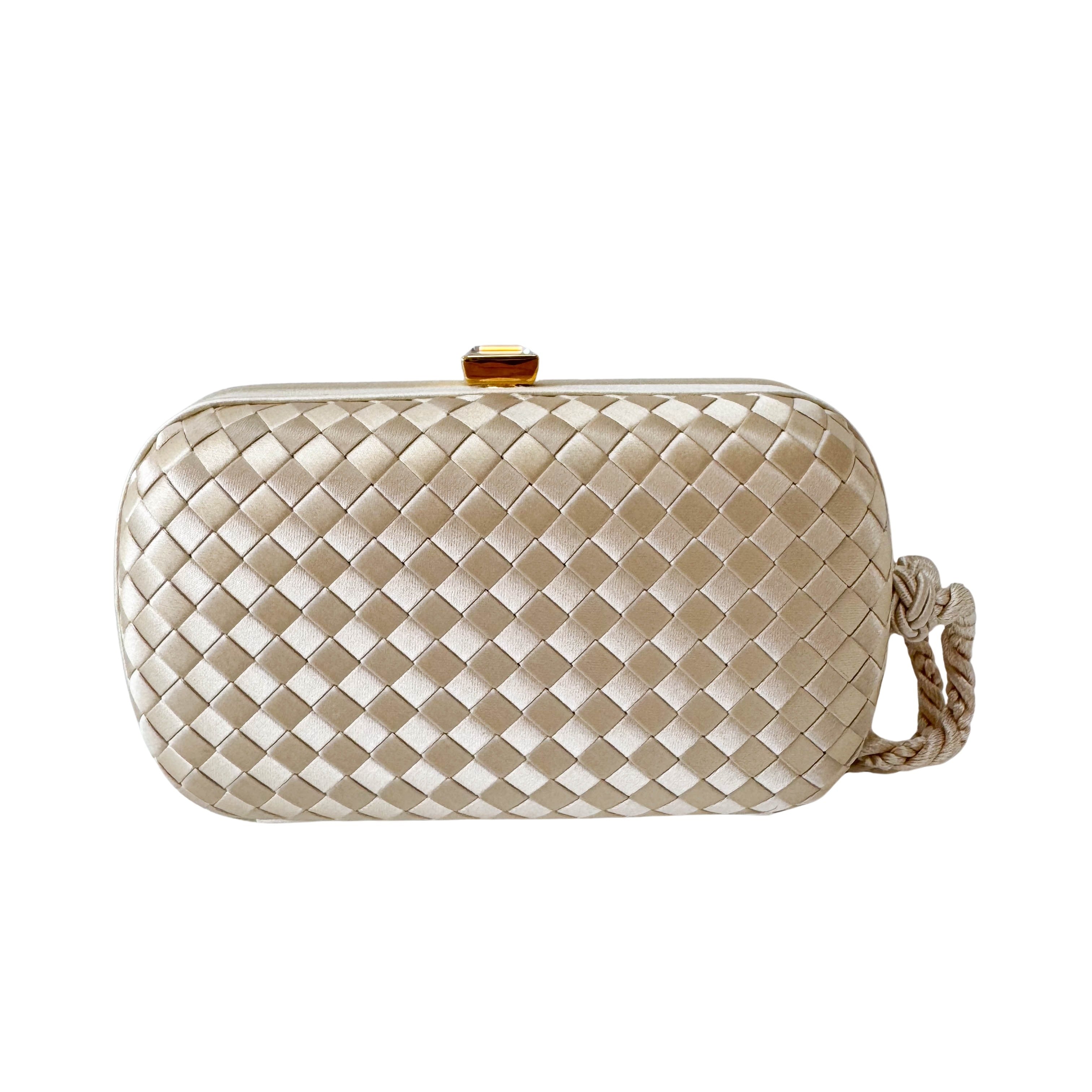 Intrecciato Beige Satin Mini Clutch Bag