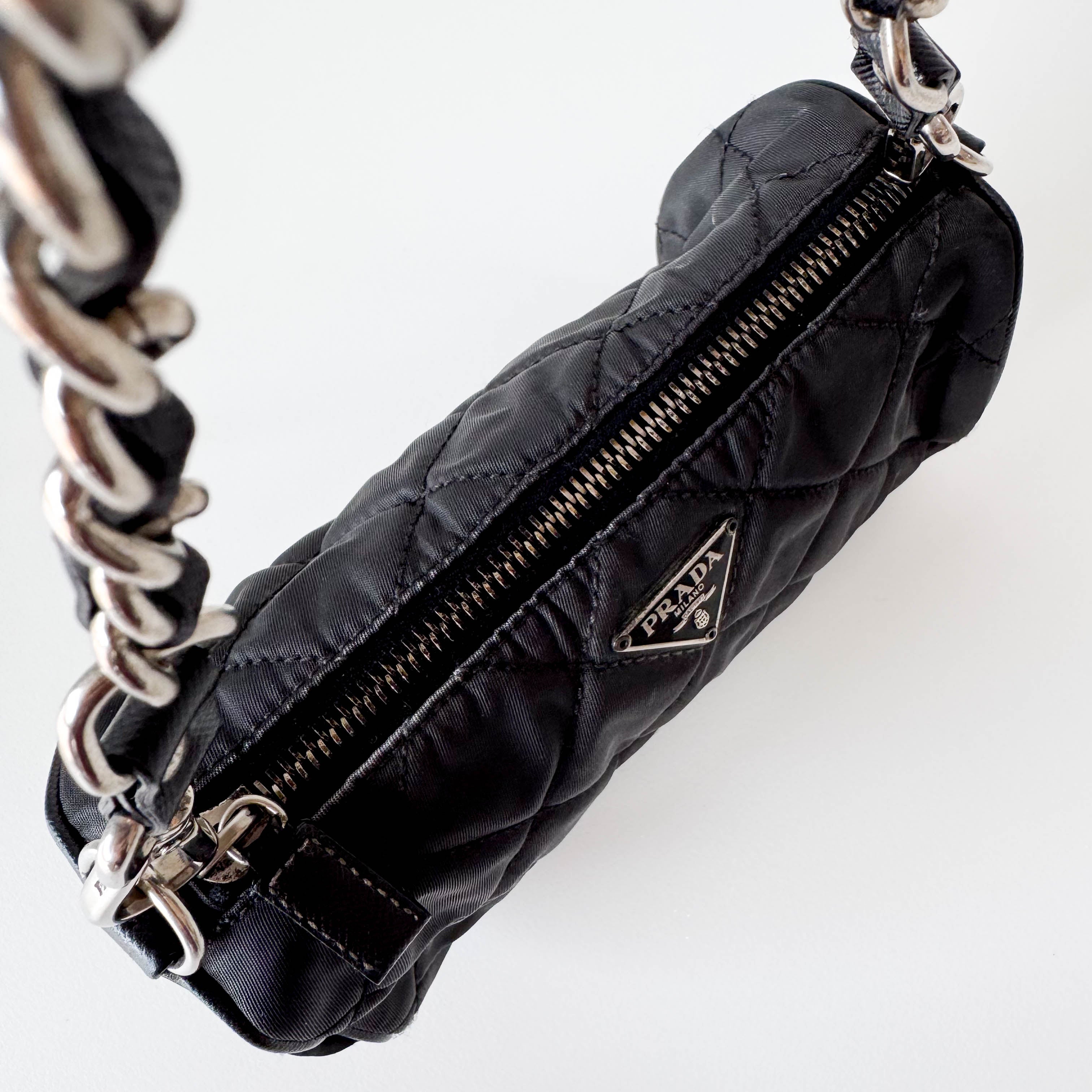 Black Nylon Quilted Chain Shoulder Bag