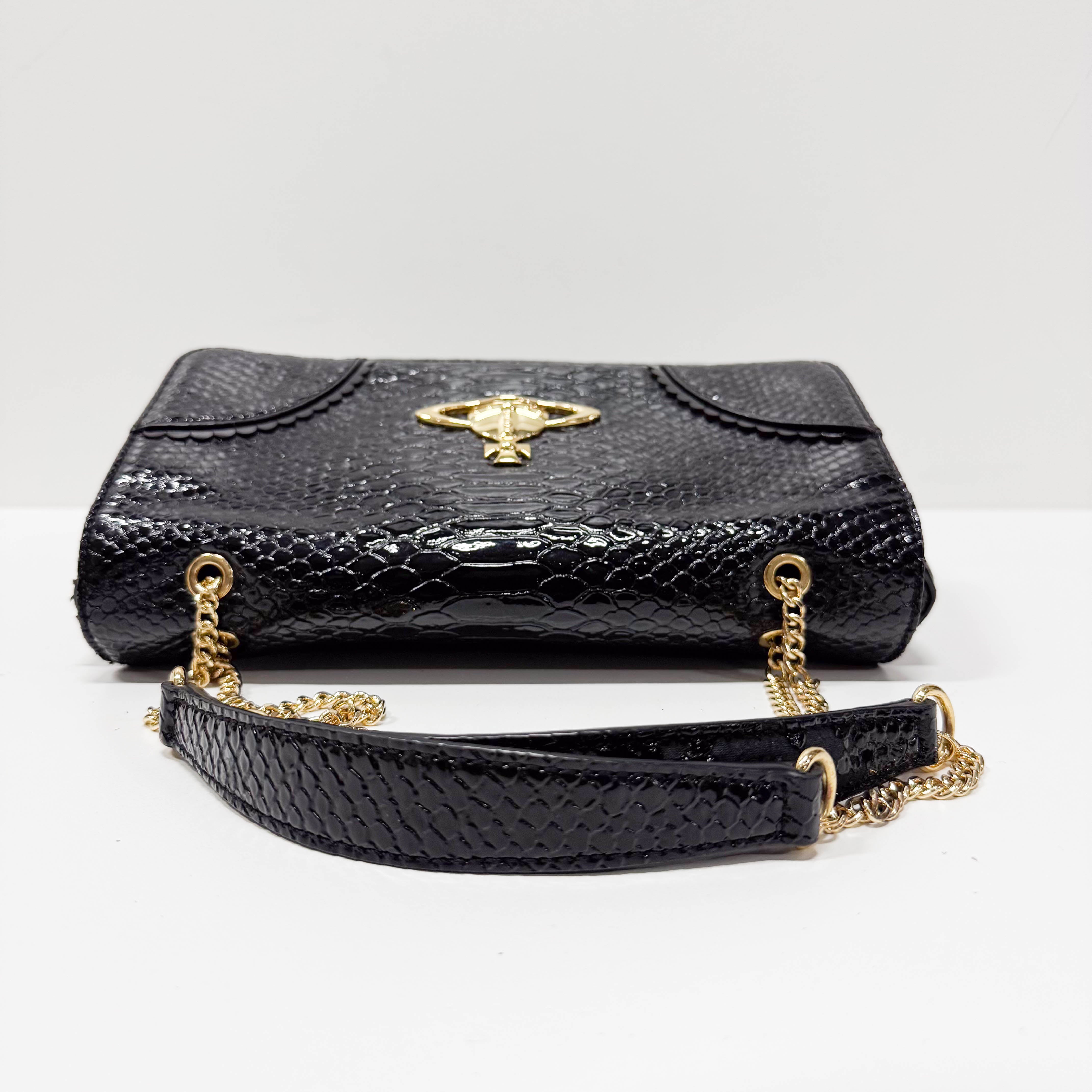 Anglomania Orb Black Croc Embossed Leather Shoulder Bag