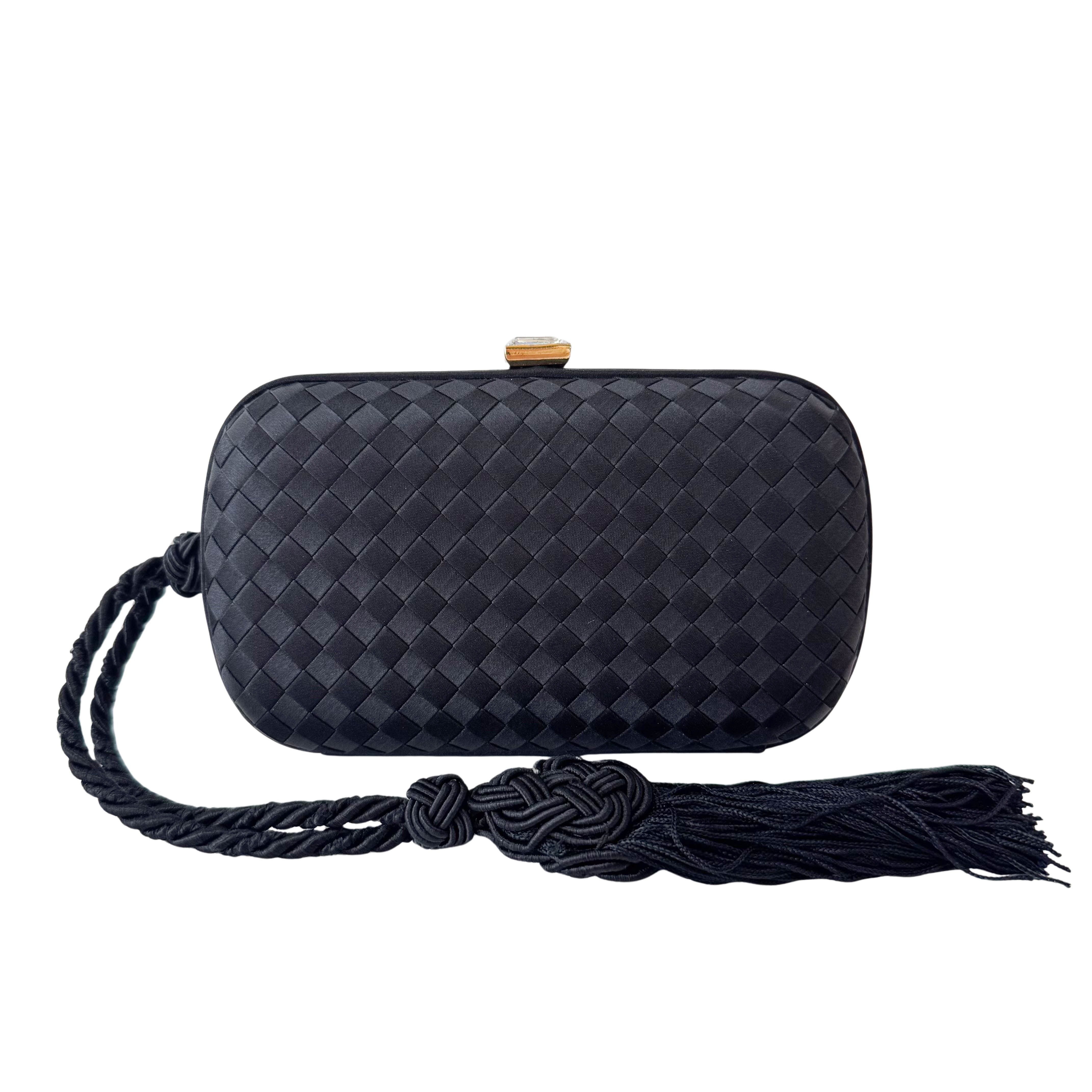 Intrecciato Black Satin Mini Clutch Bag