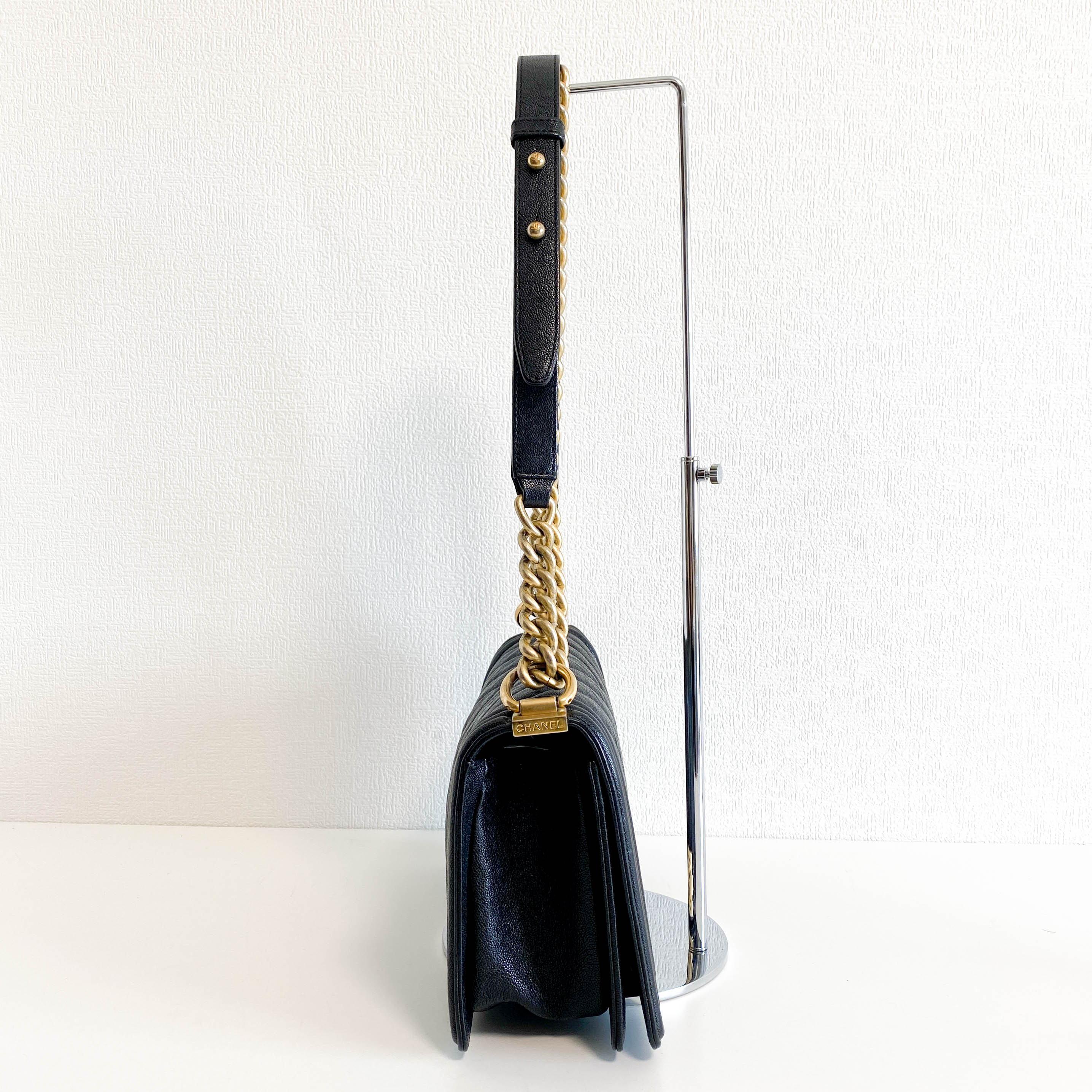 Boy V Stitched Chevron Black Leather Gold Chain Shoulder Bag