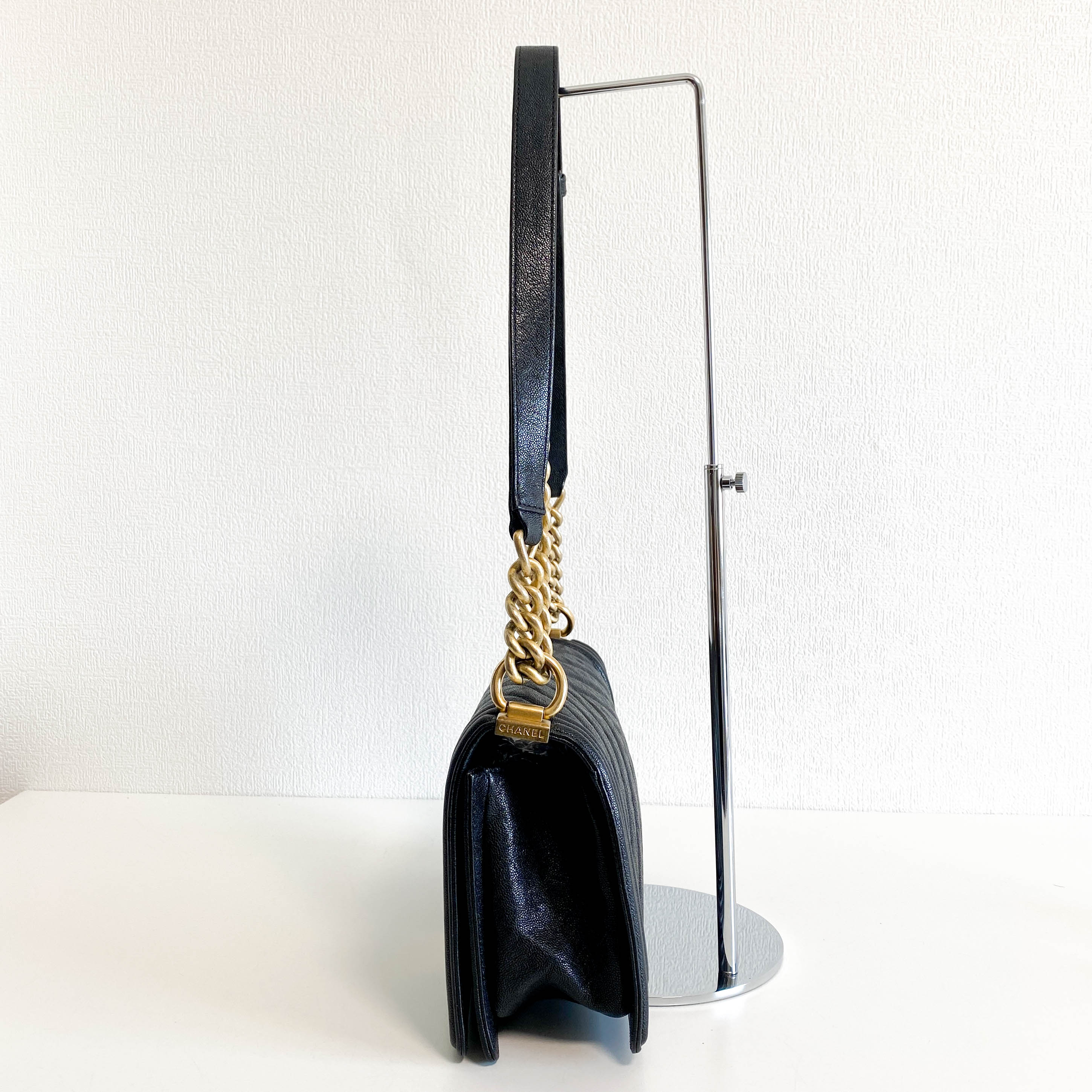 Boy V Stitched Chevron Black Leather Gold Chain Shoulder Bag