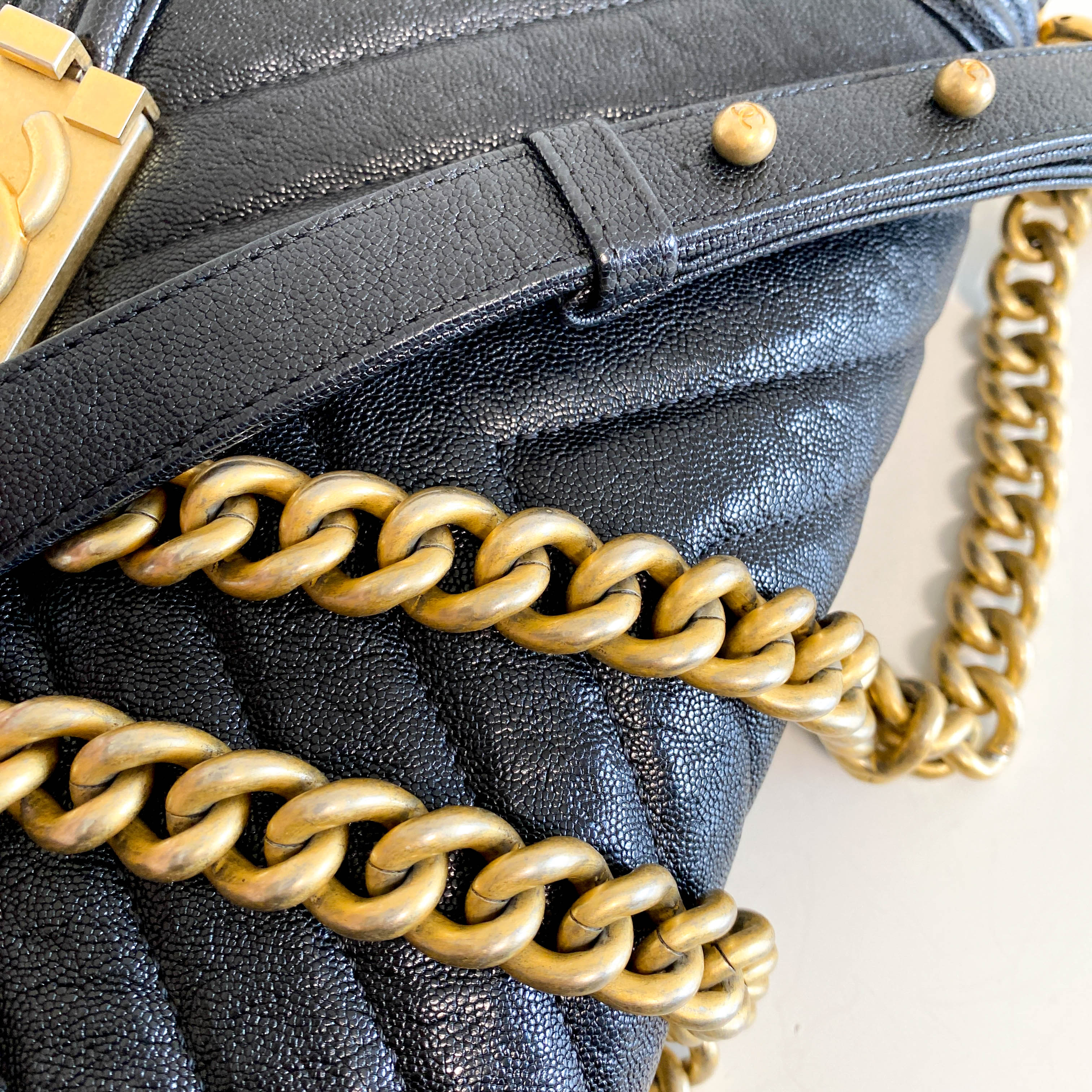 Boy V Stitched Chevron Black Leather Gold Chain Shoulder Bag
