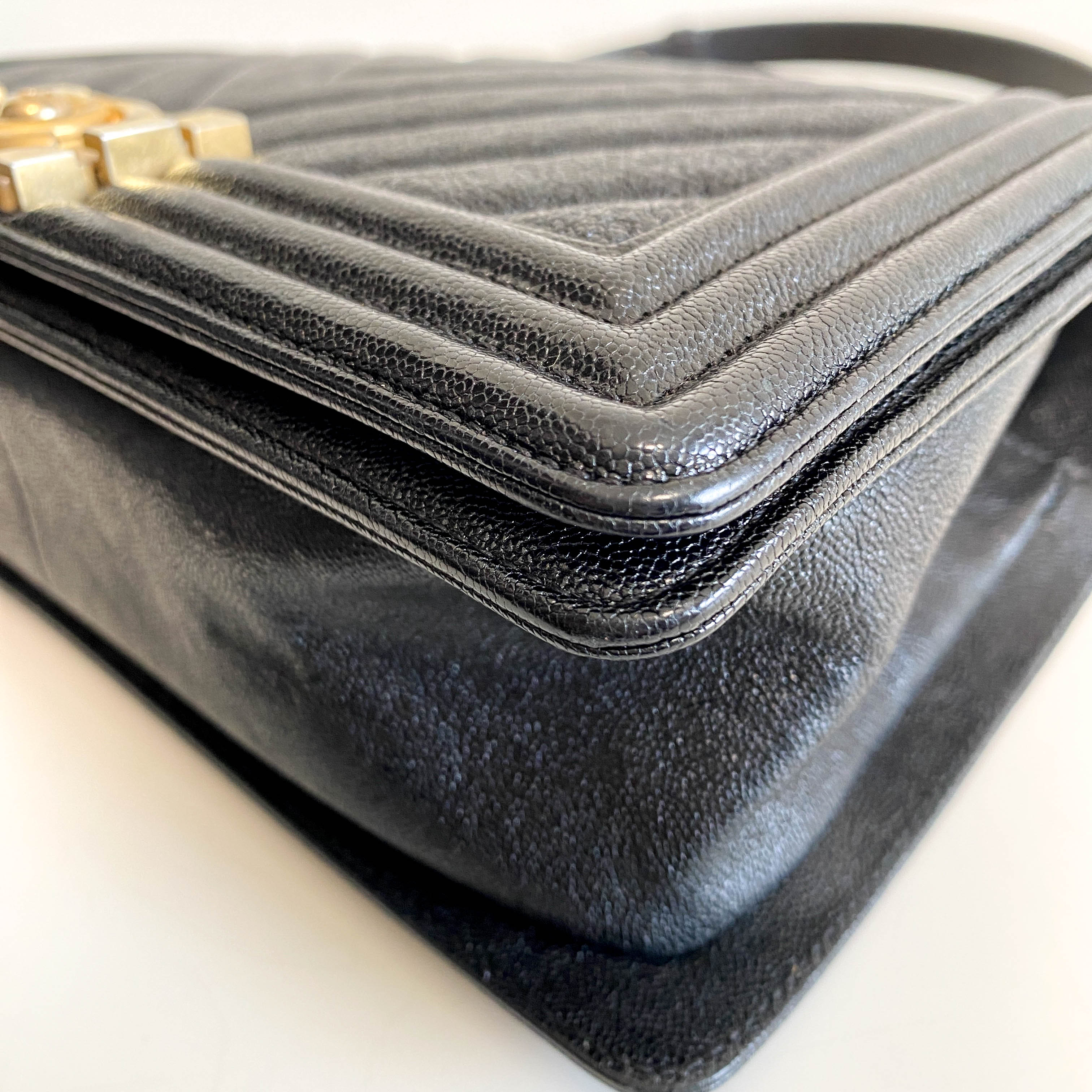 Boy V Stitched Chevron Black Leather Gold Chain Shoulder Bag