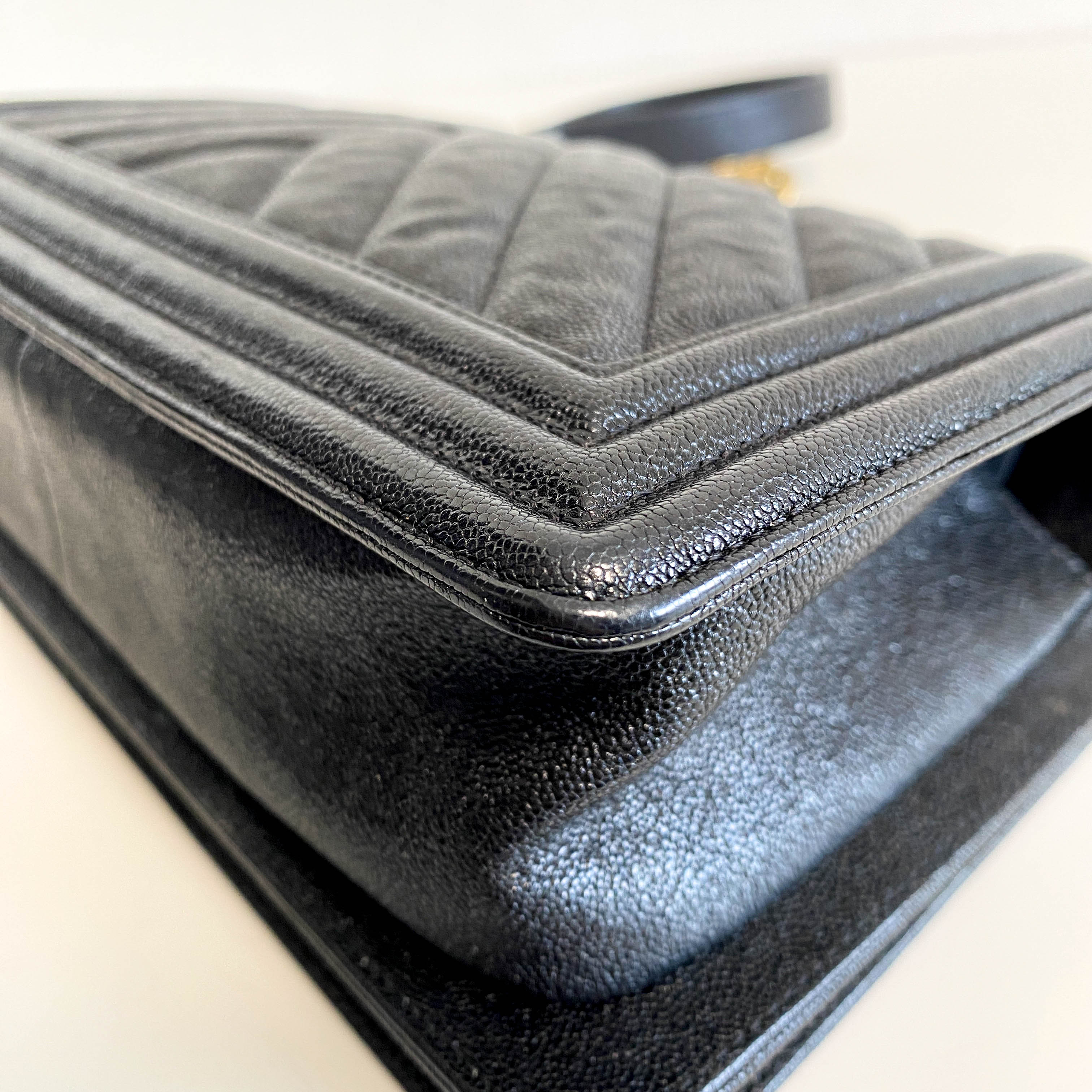 Boy V Stitched Chevron Black Leather Gold Chain Shoulder Bag