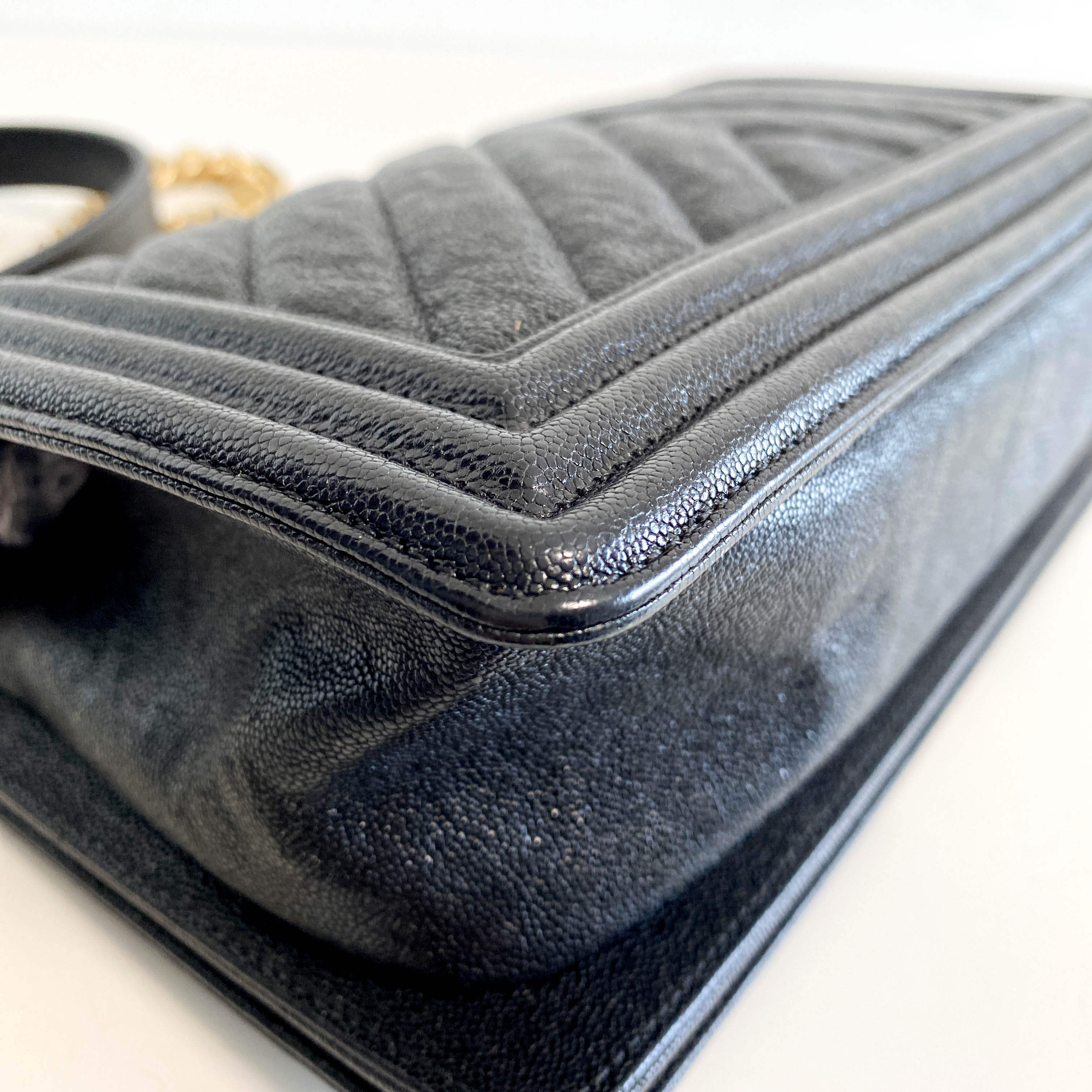 Boy V Stitched Chevron Black Leather Gold Chain Shoulder Bag