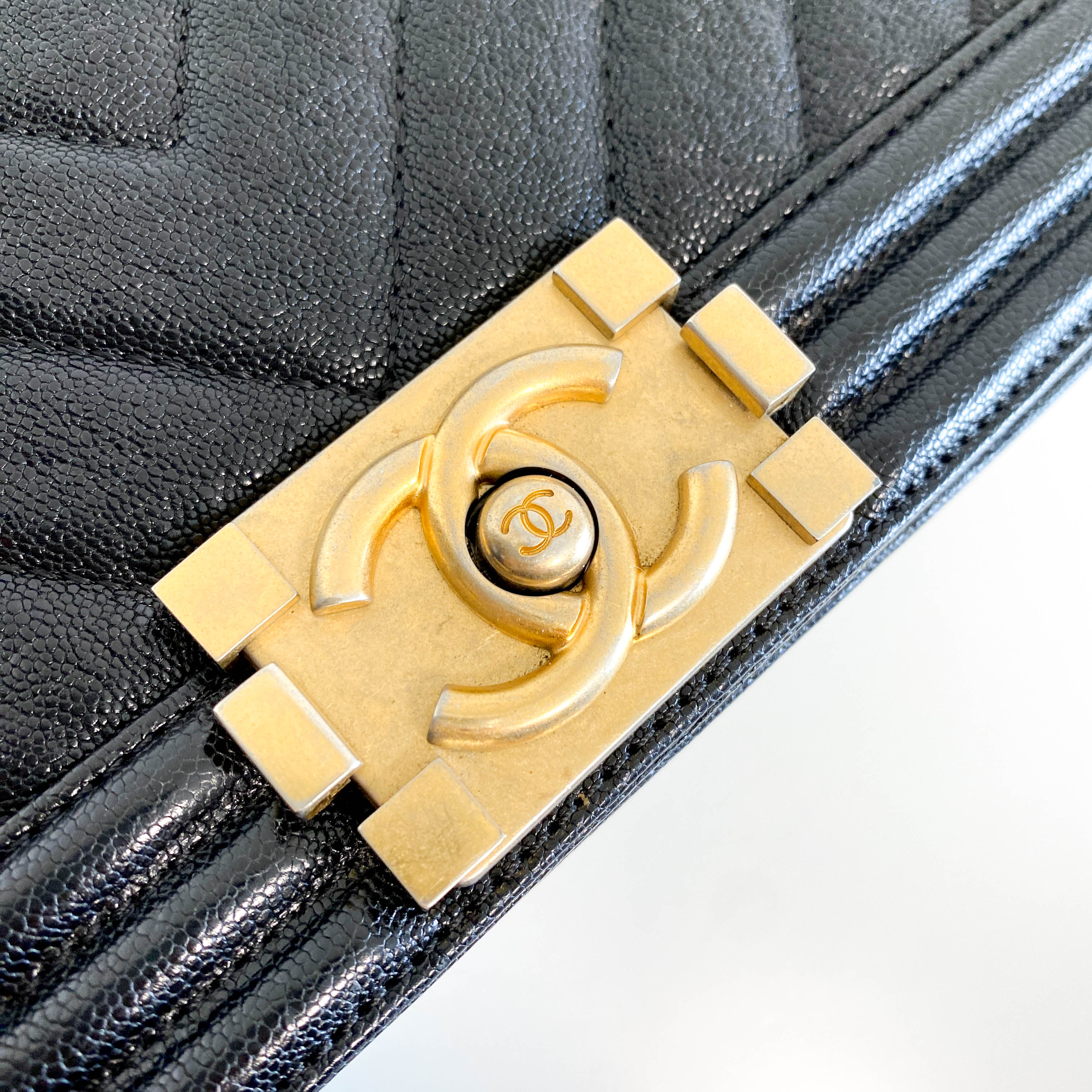 Boy V Stitched Chevron Black Leather Gold Chain Shoulder Bag