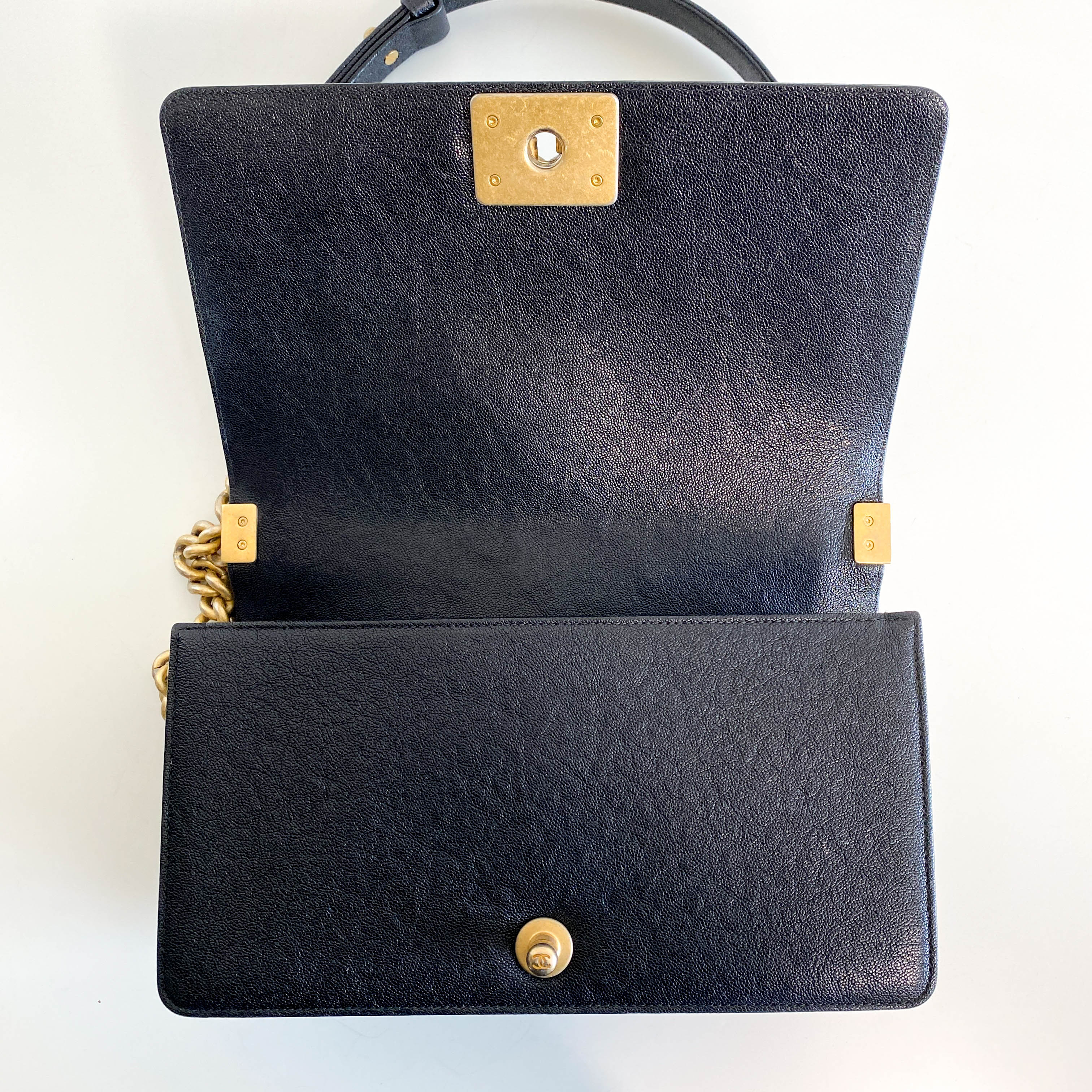 Boy V Stitched Chevron Black Leather Gold Chain Shoulder Bag