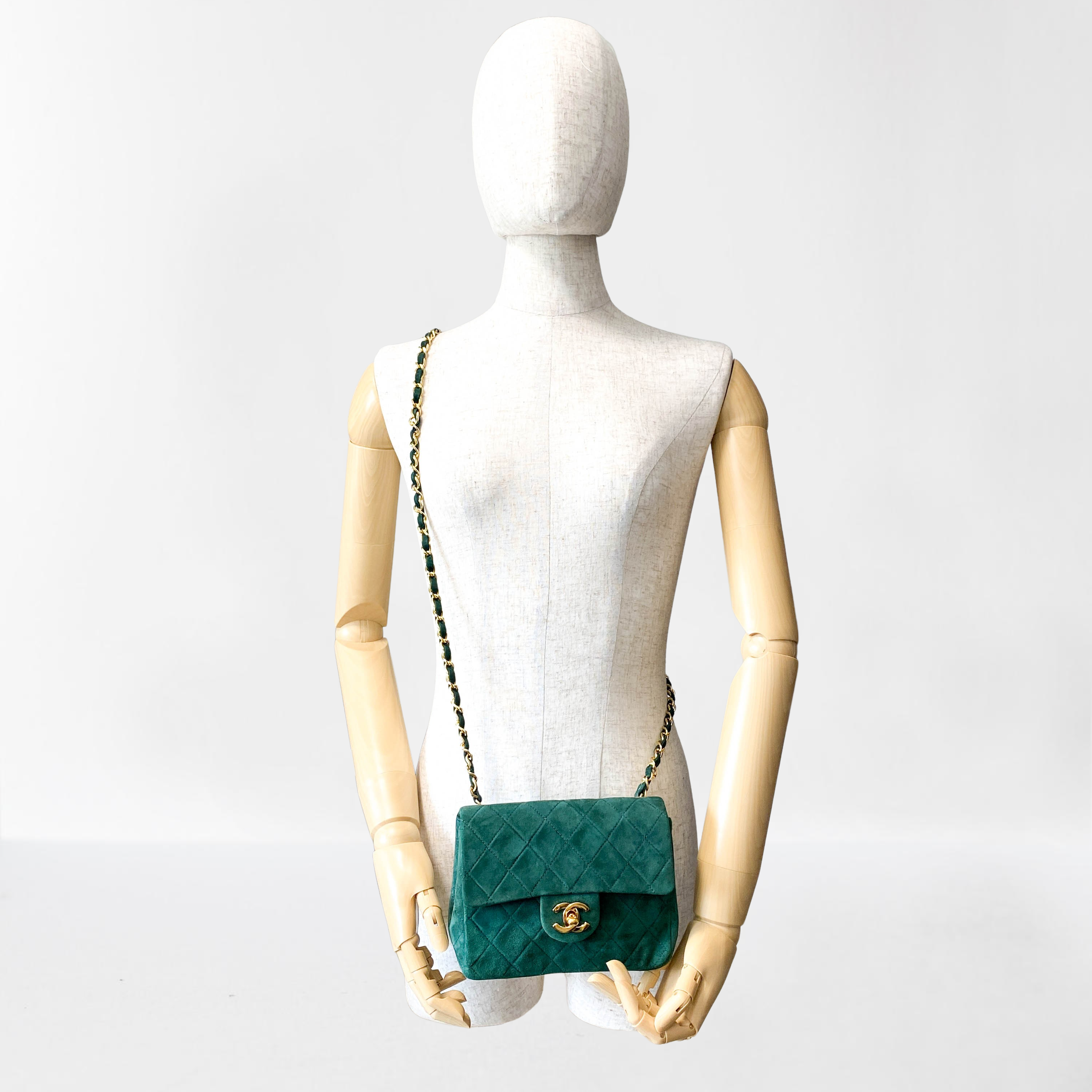 Green Quilted Suede Mini Square Classic Single Flap Gold Hardware, 1989-1991