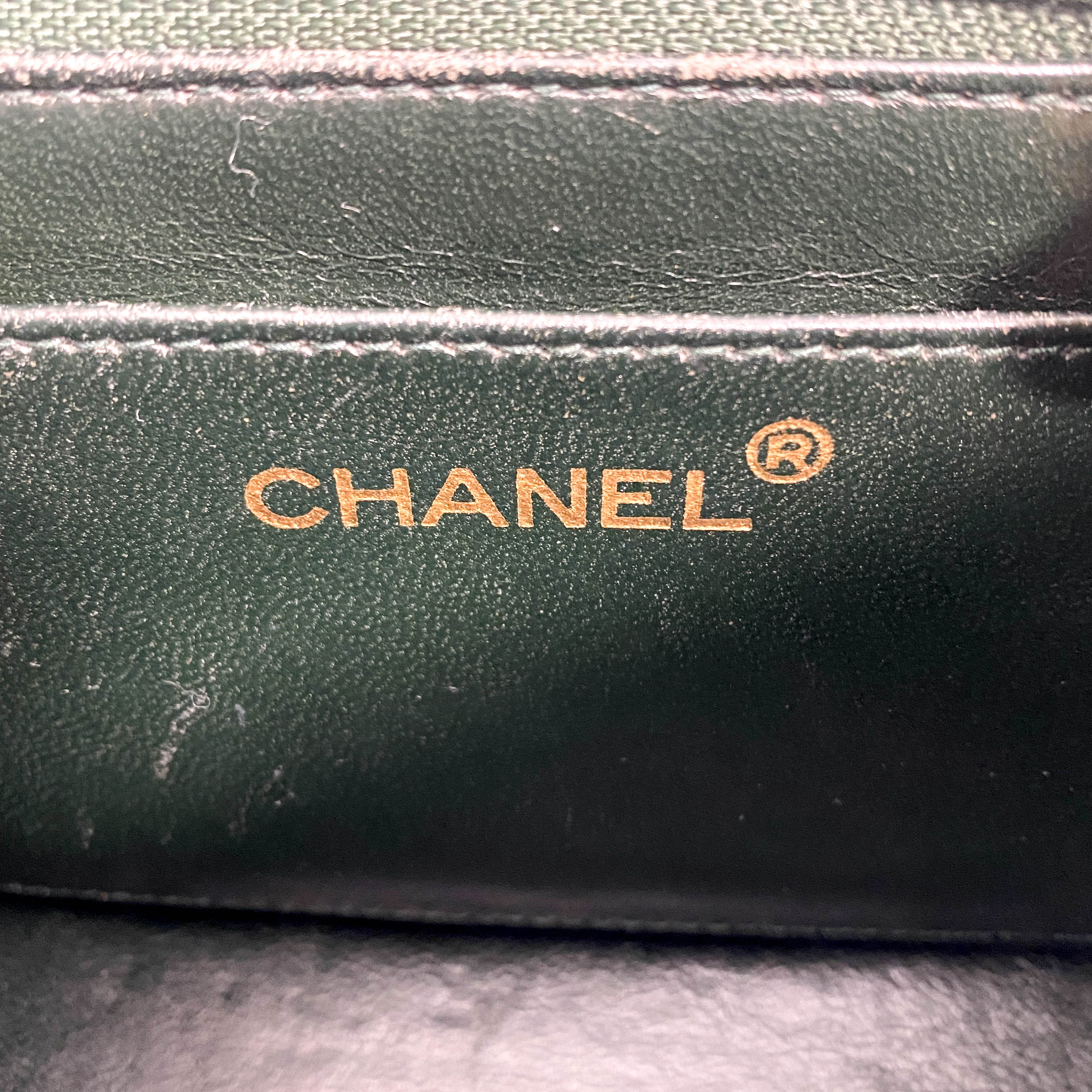 Green Quilted Suede Mini Square Classic Single Flap Gold Hardware, 1989-1991