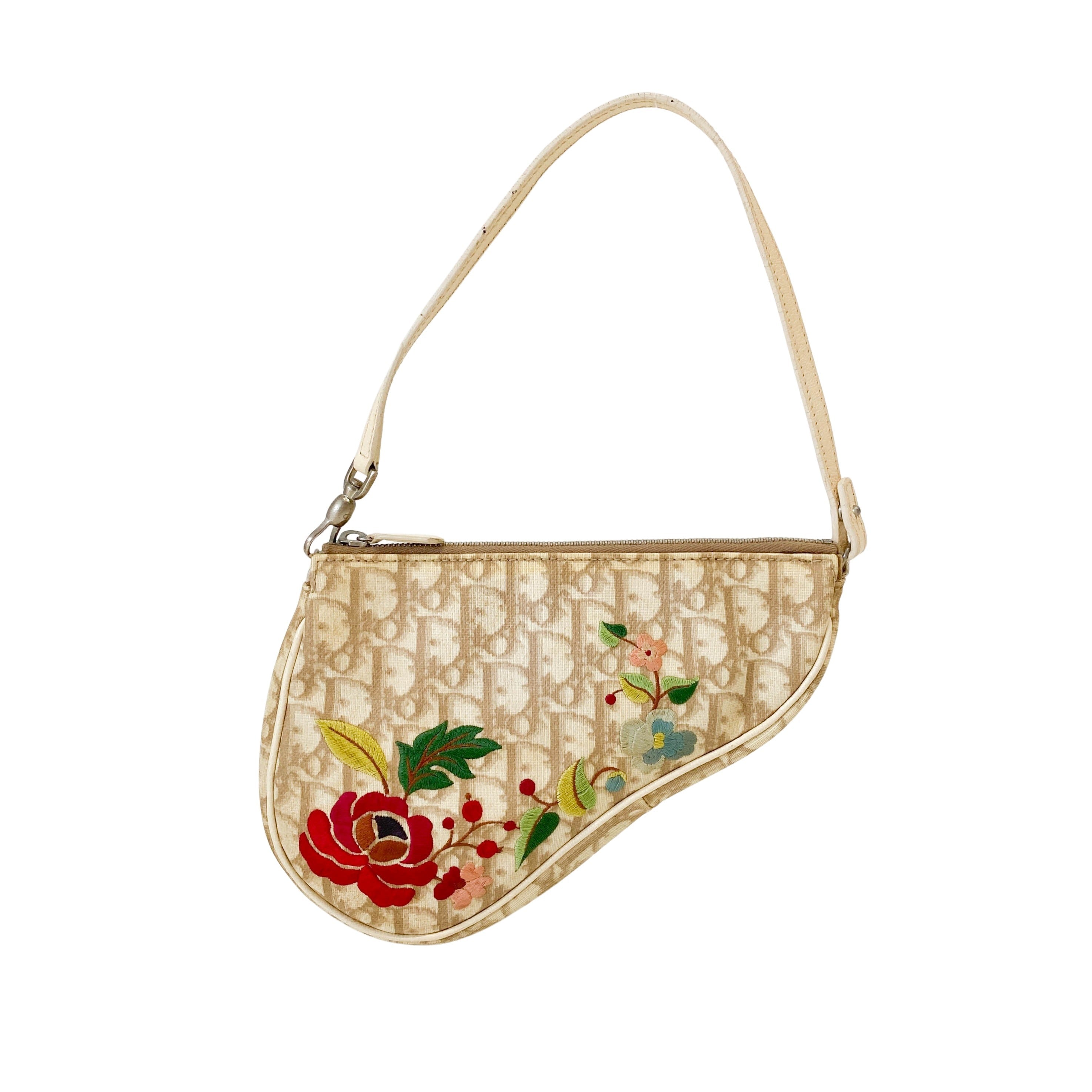 Trotter Nude Coated Canvas Red Flower Embroidery Saddle Bag