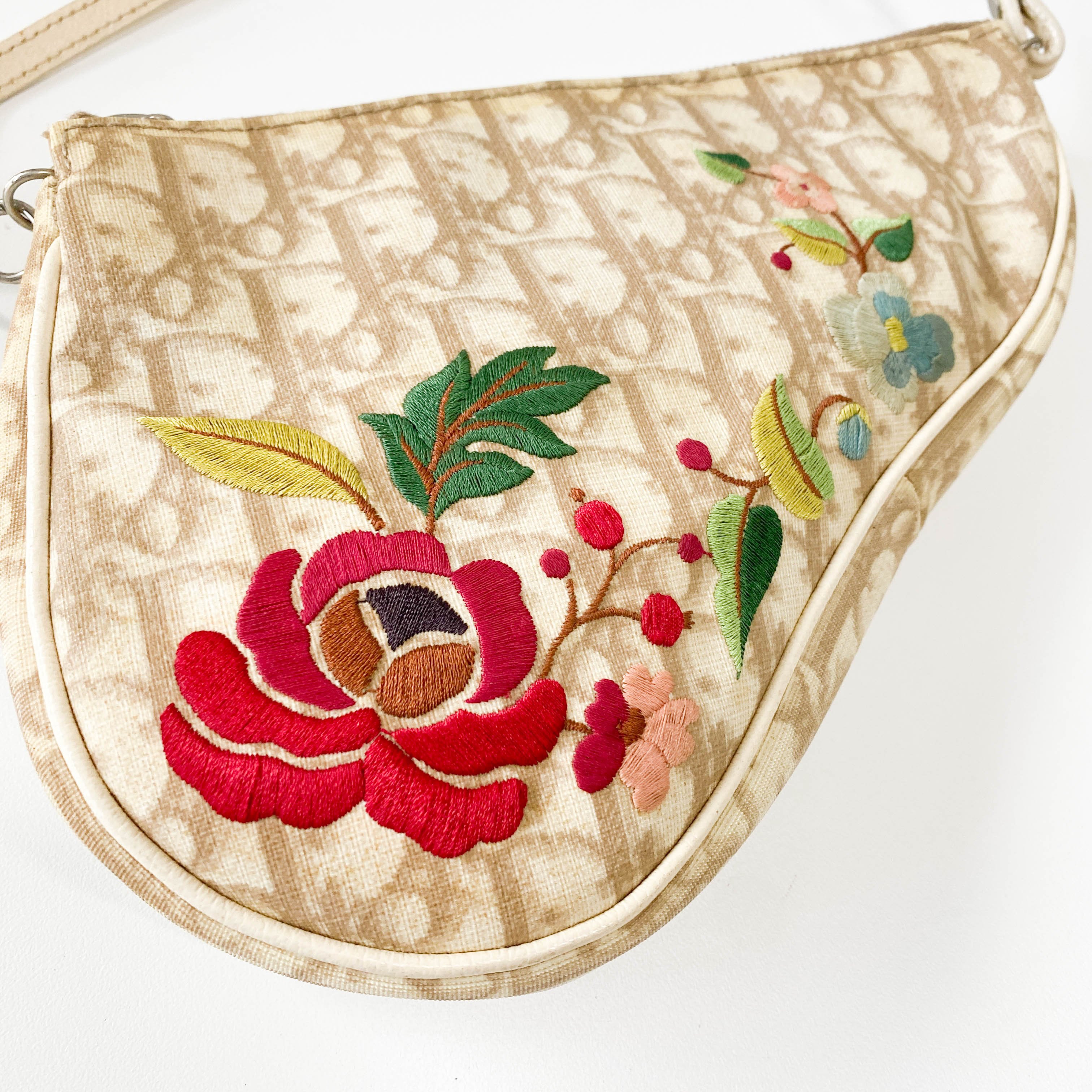 Trotter Nude Coated Canvas Red Flower Embroidery Saddle Bag