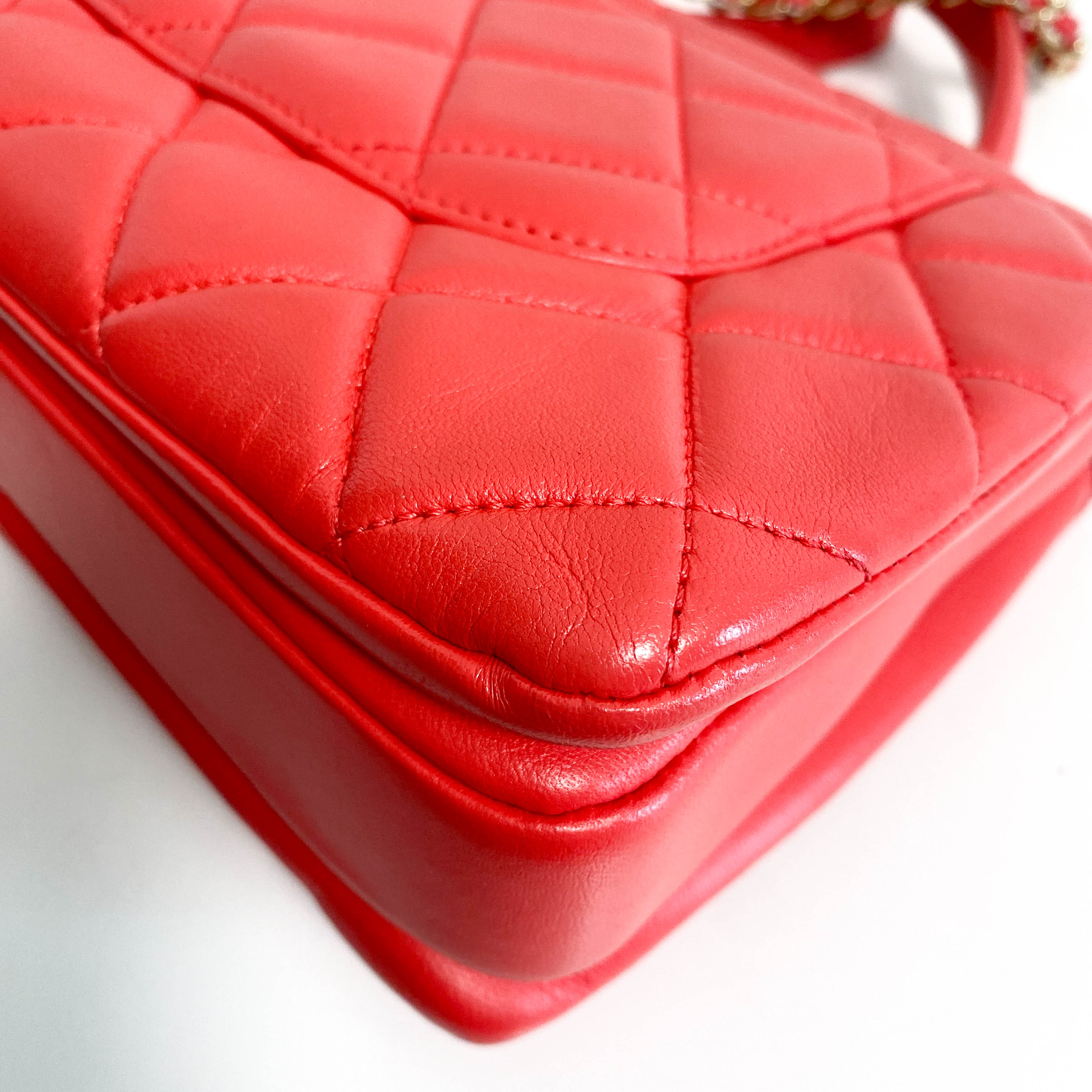 Trendy CC Coral Lambskin Quilted Small Flap Top Handle Shoulder Bag