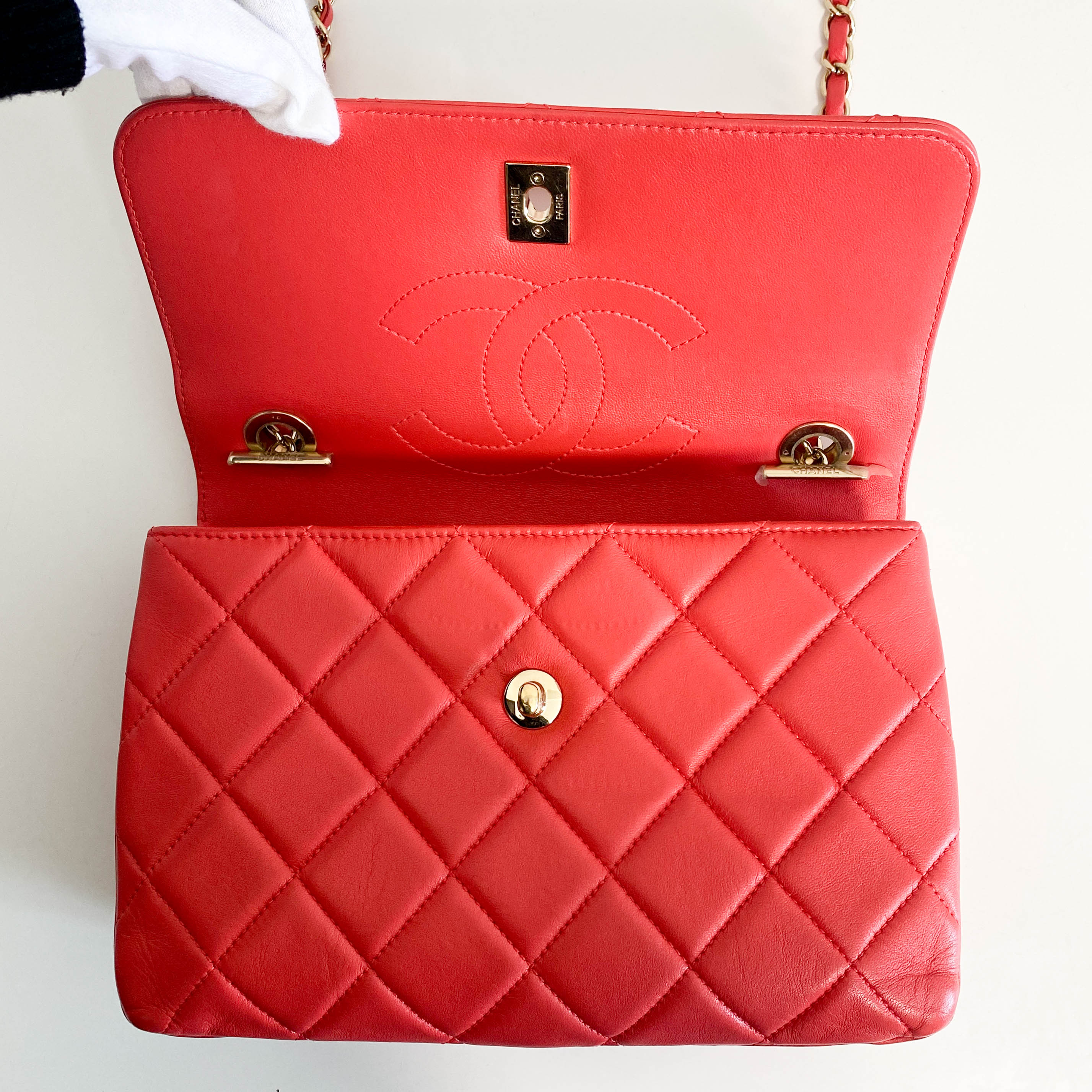 Trendy CC Coral Lambskin Quilted Small Flap Top Handle Shoulder Bag