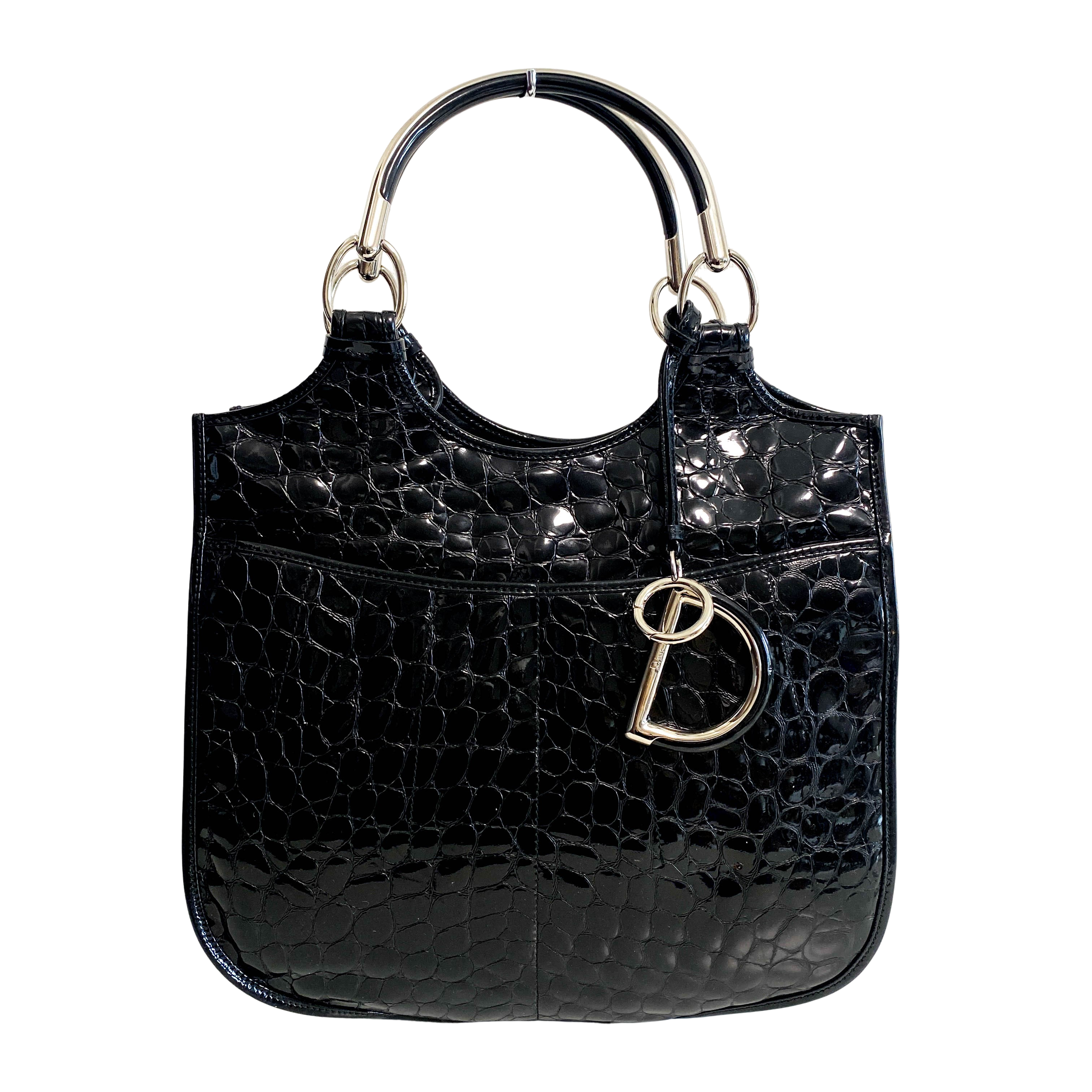 Dior 61 Black Patent Embossed Handle Tote