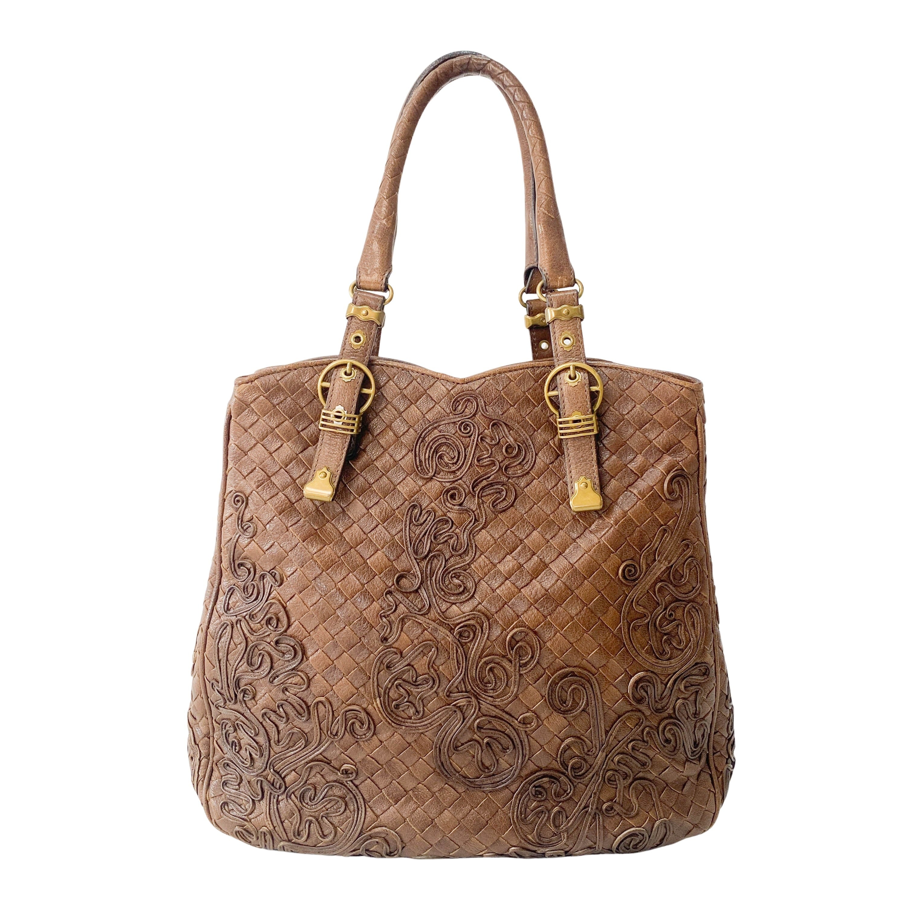 Princess cut Brown Leather Intrecciato and Embroidery Tote Bag