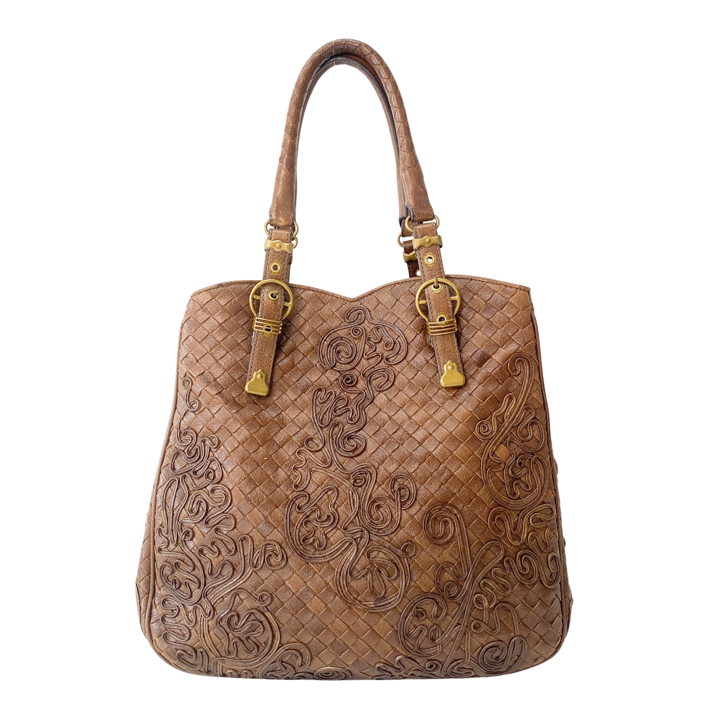 Princess cut Brown Leather Intrecciato and Embroidery Tote Bag