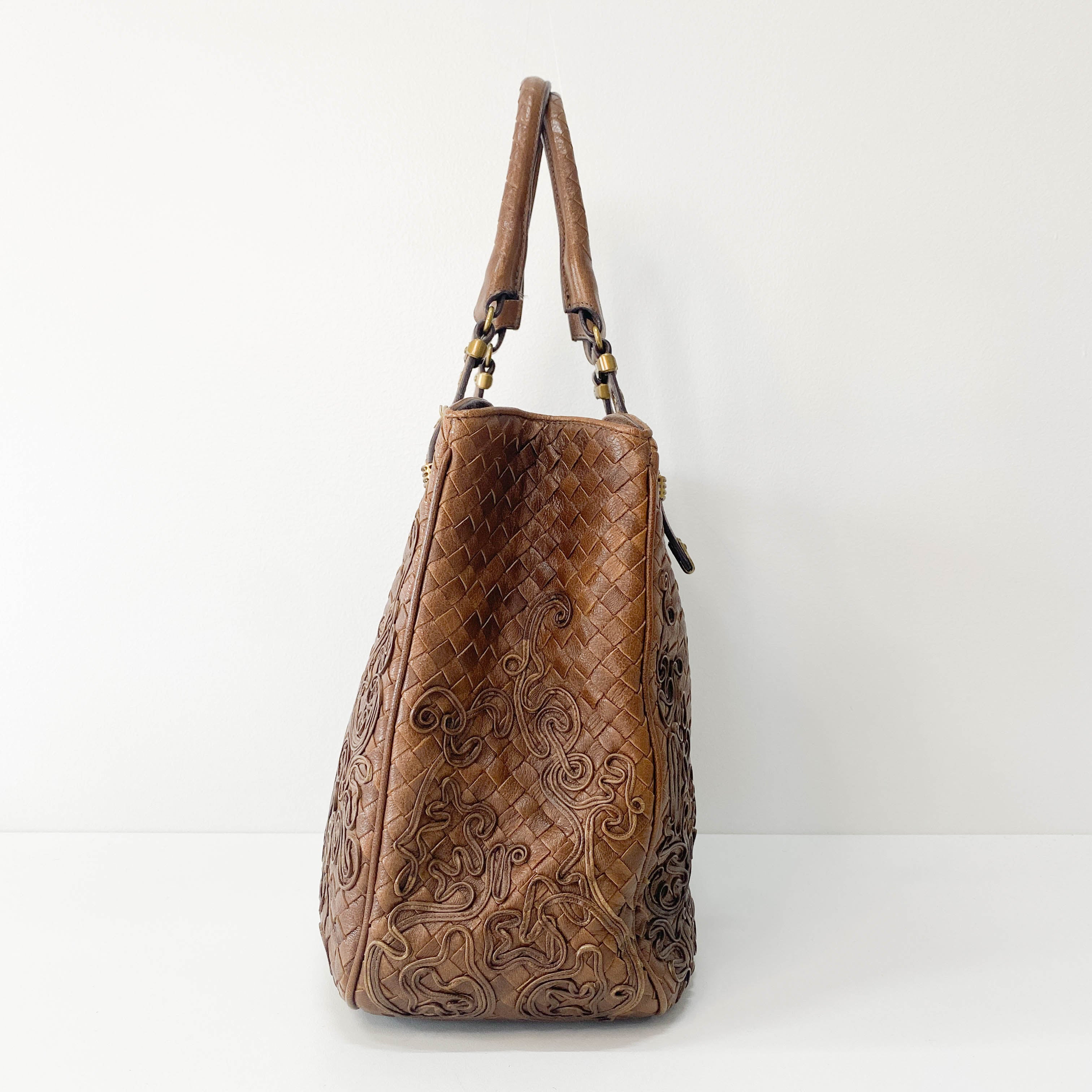 Princess cut Brown Leather Intrecciato and Embroidery Tote Bag