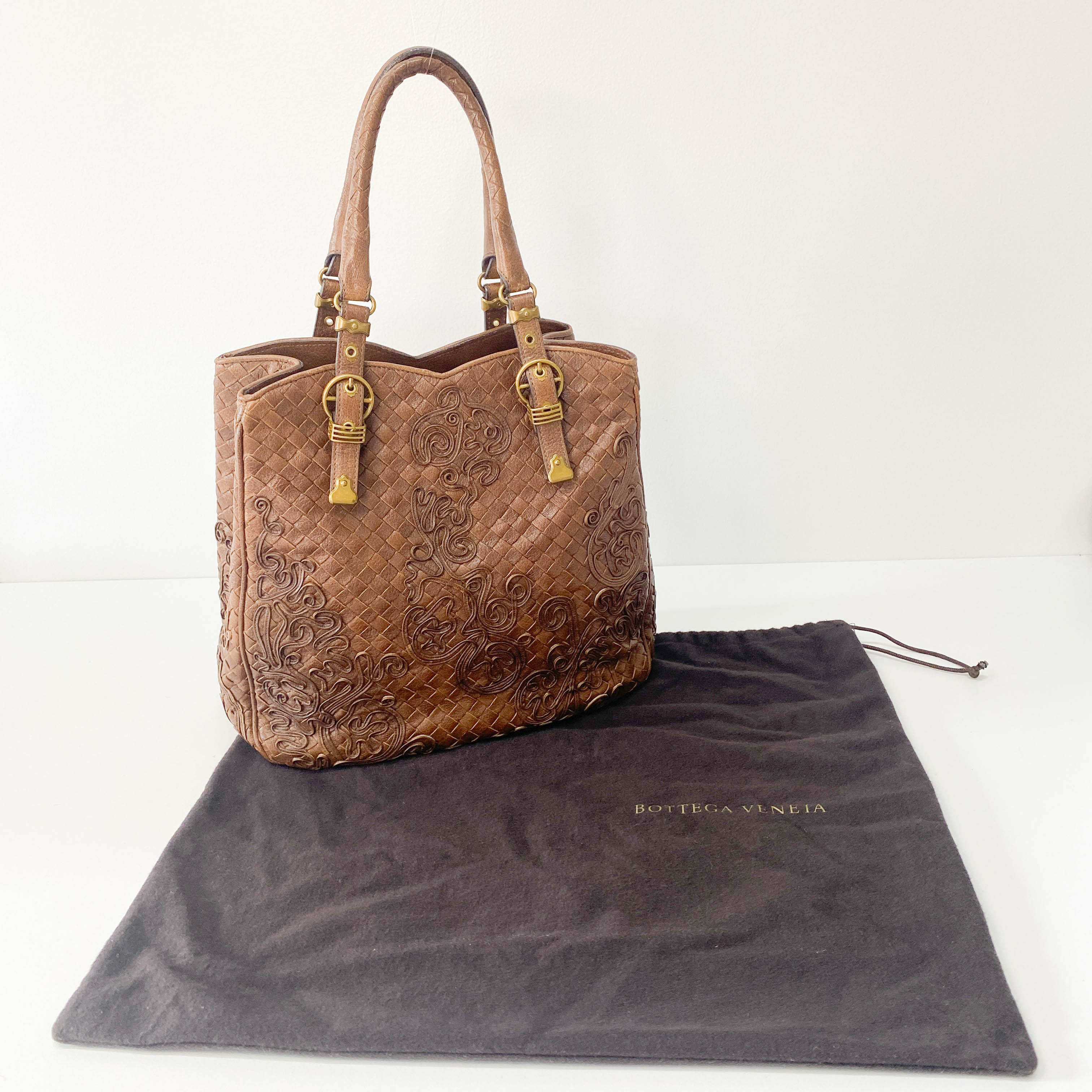 Princess cut Brown Leather Intrecciato and Embroidery Tote Bag