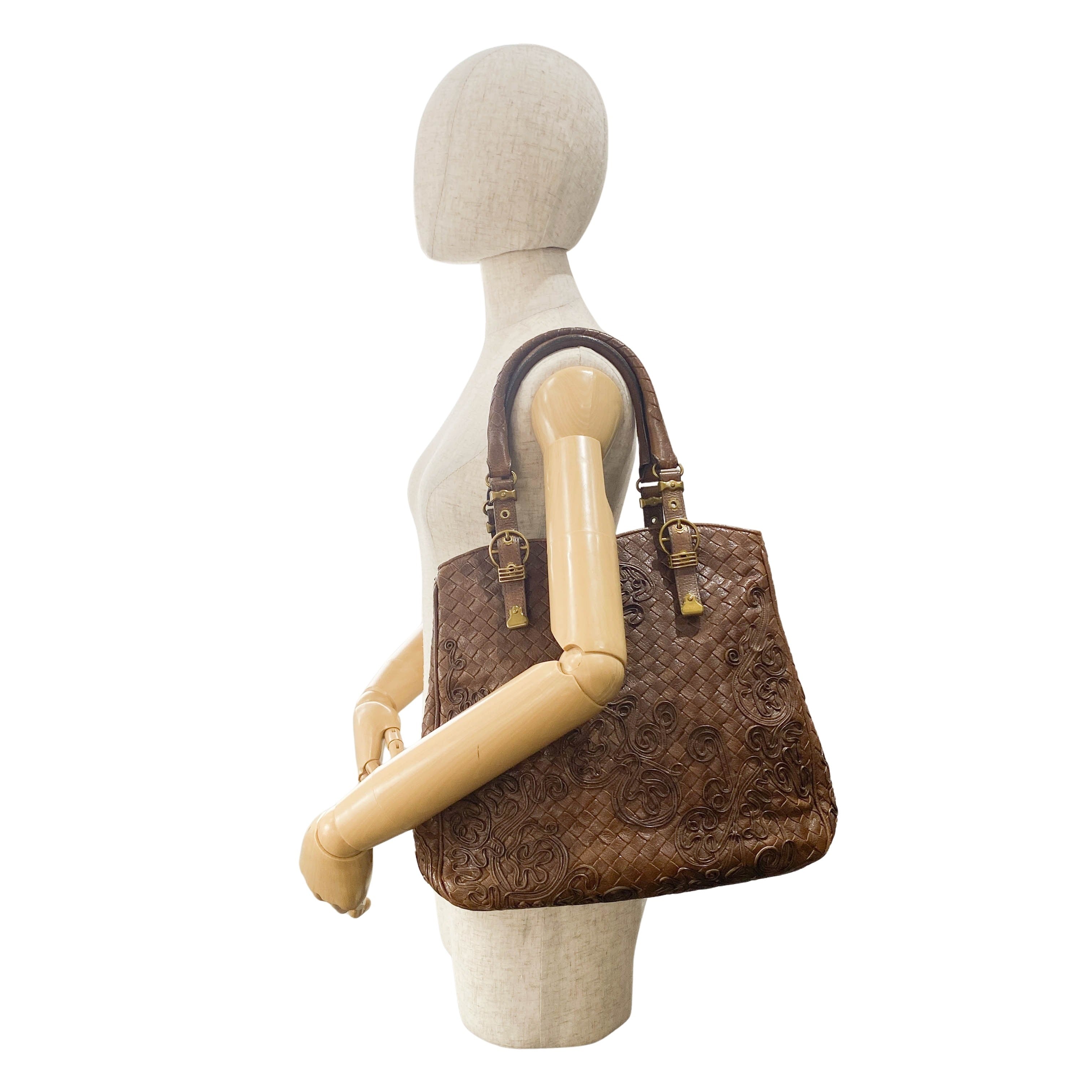 Princess cut Brown Leather Intrecciato and Embroidery Tote Bag