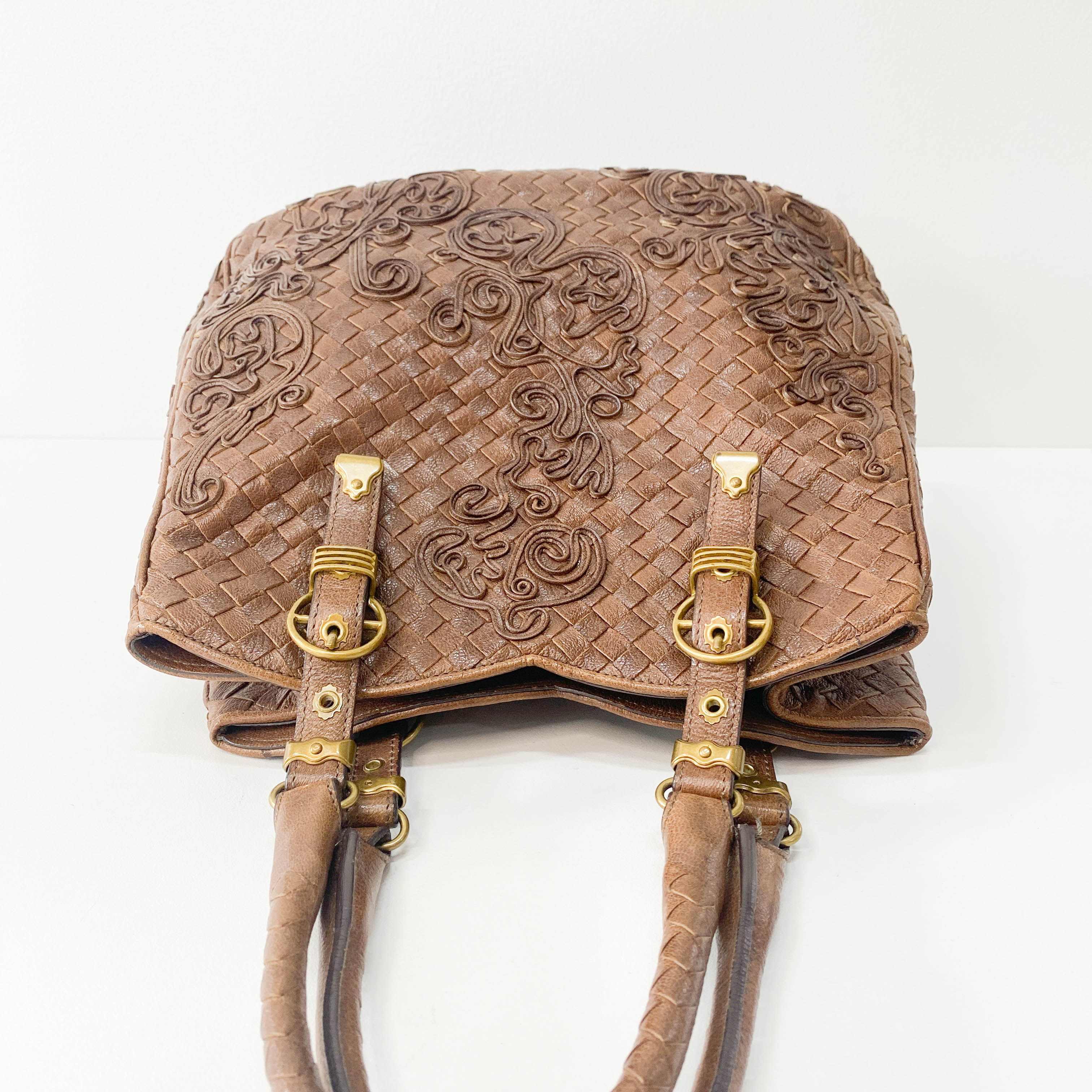 Princess cut Brown Leather Intrecciato and Embroidery Tote Bag