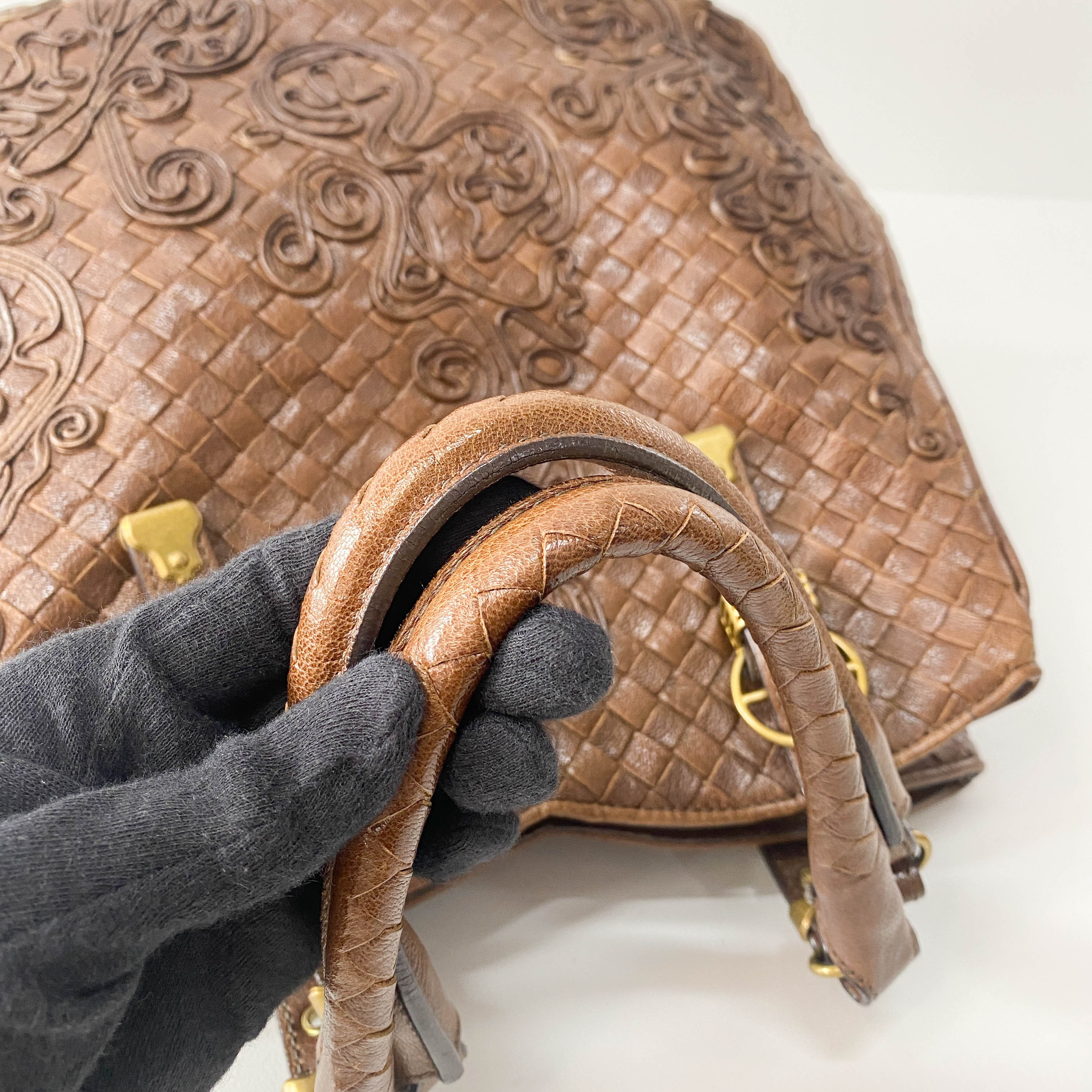 Princess cut Brown Leather Intrecciato and Embroidery Tote Bag