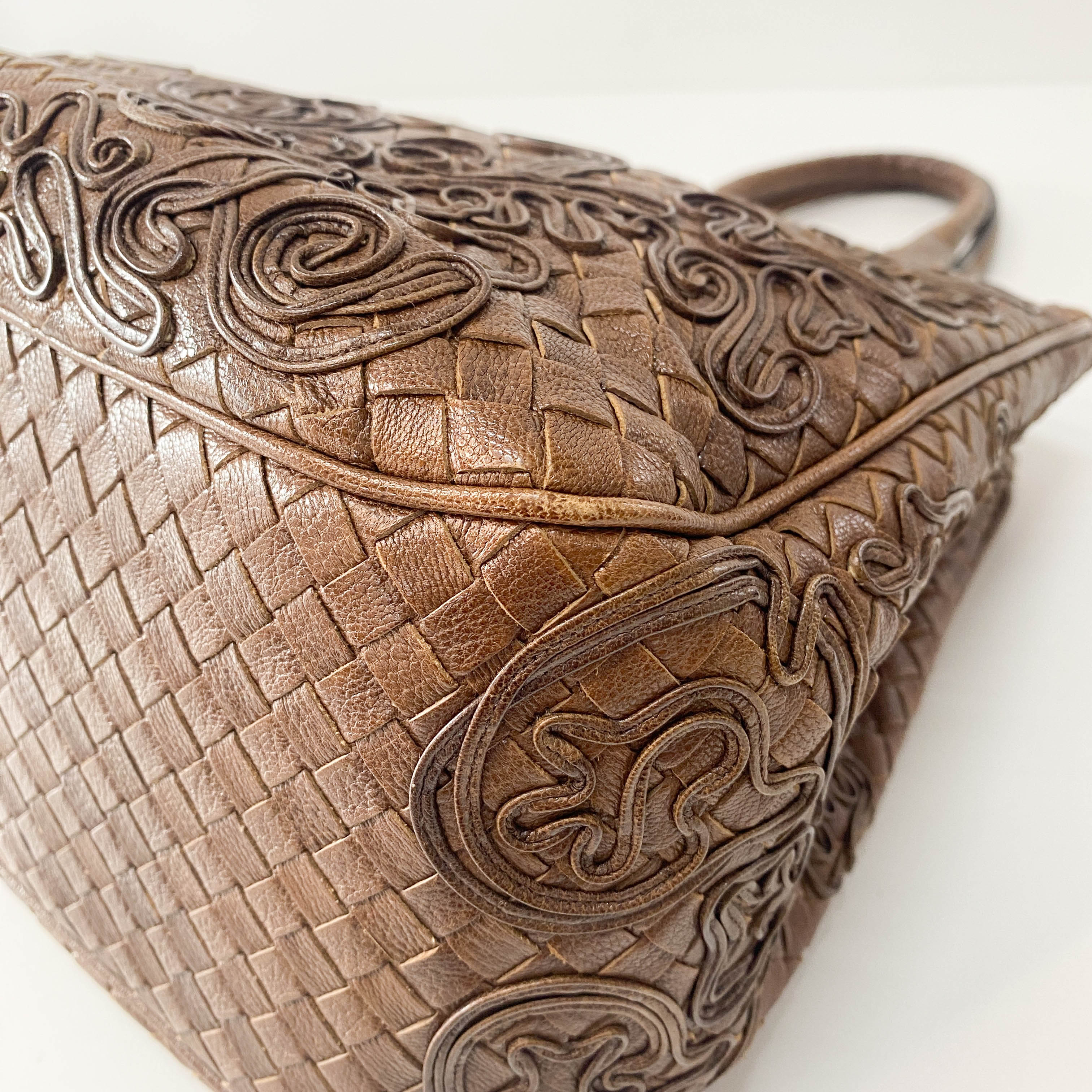 Princess cut Brown Leather Intrecciato and Embroidery Tote Bag