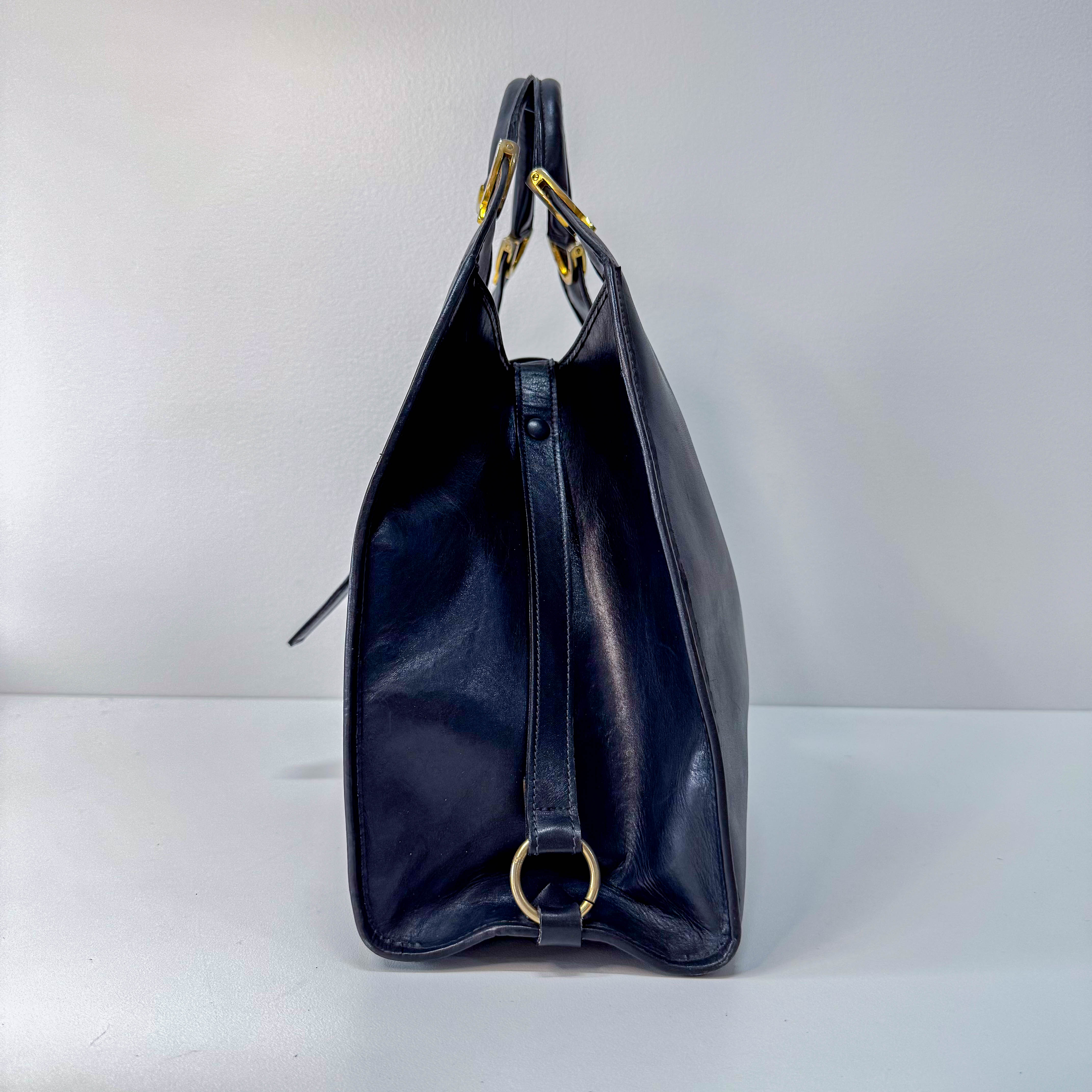 Stirrup Black Leather Top Handle Bag