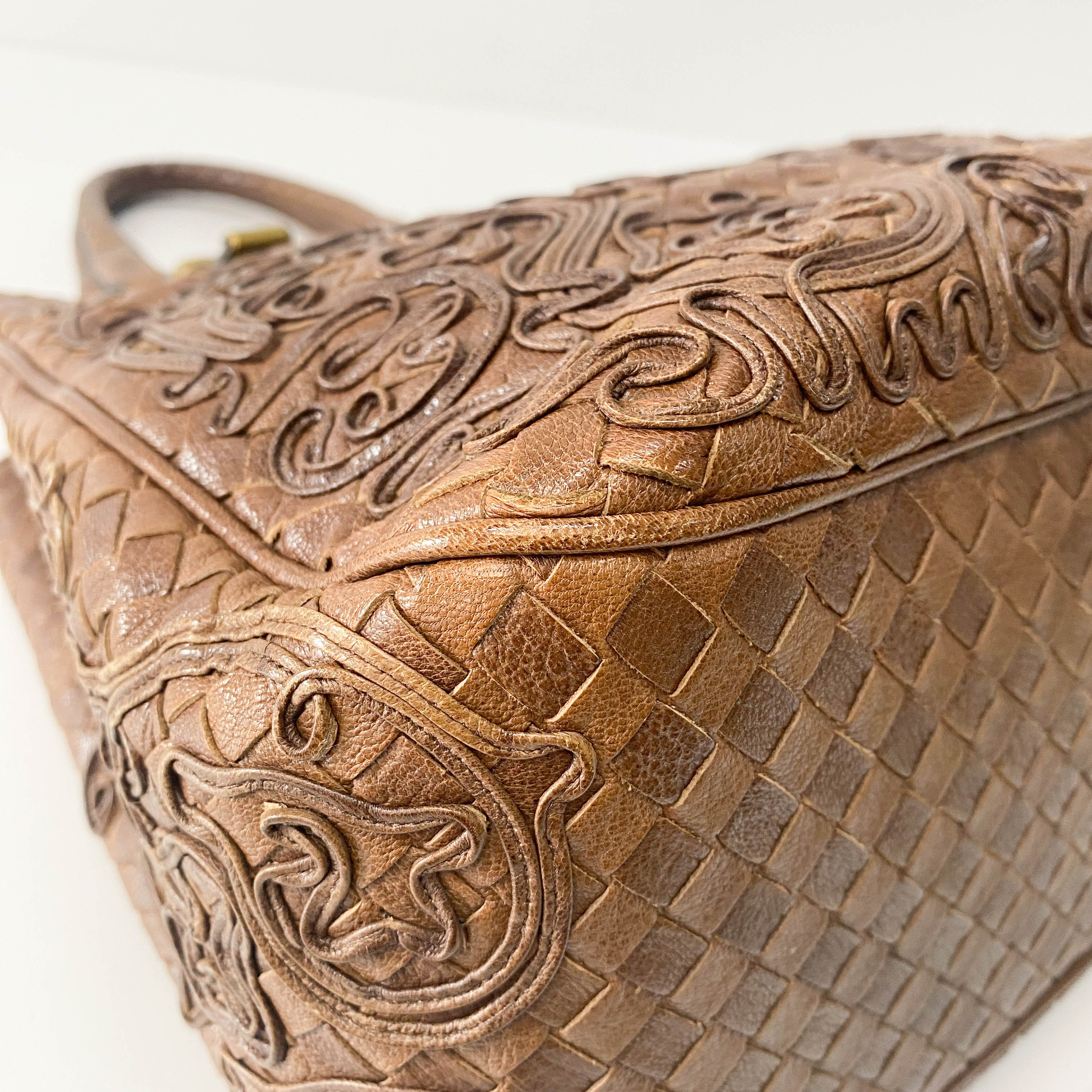 Princess cut Brown Leather Intrecciato and Embroidery Tote Bag