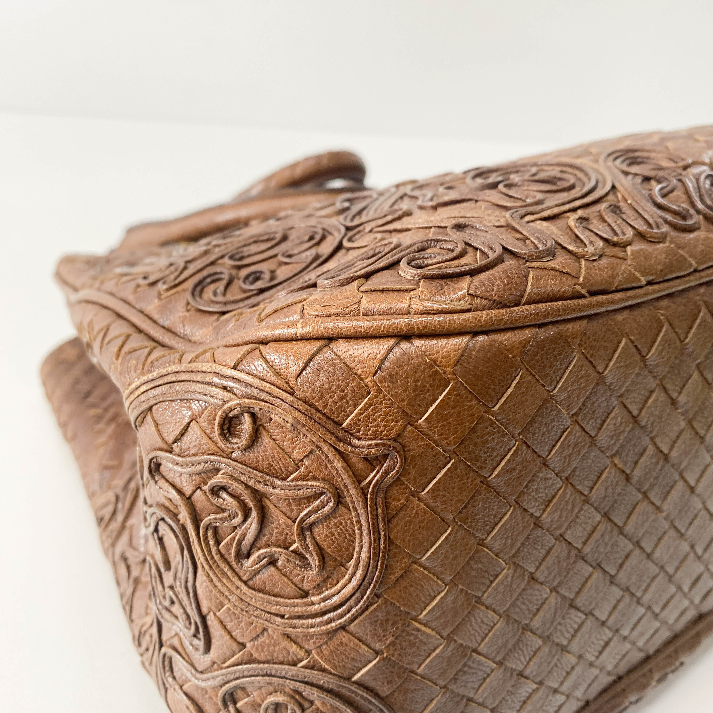 Princess cut Brown Leather Intrecciato and Embroidery Tote Bag