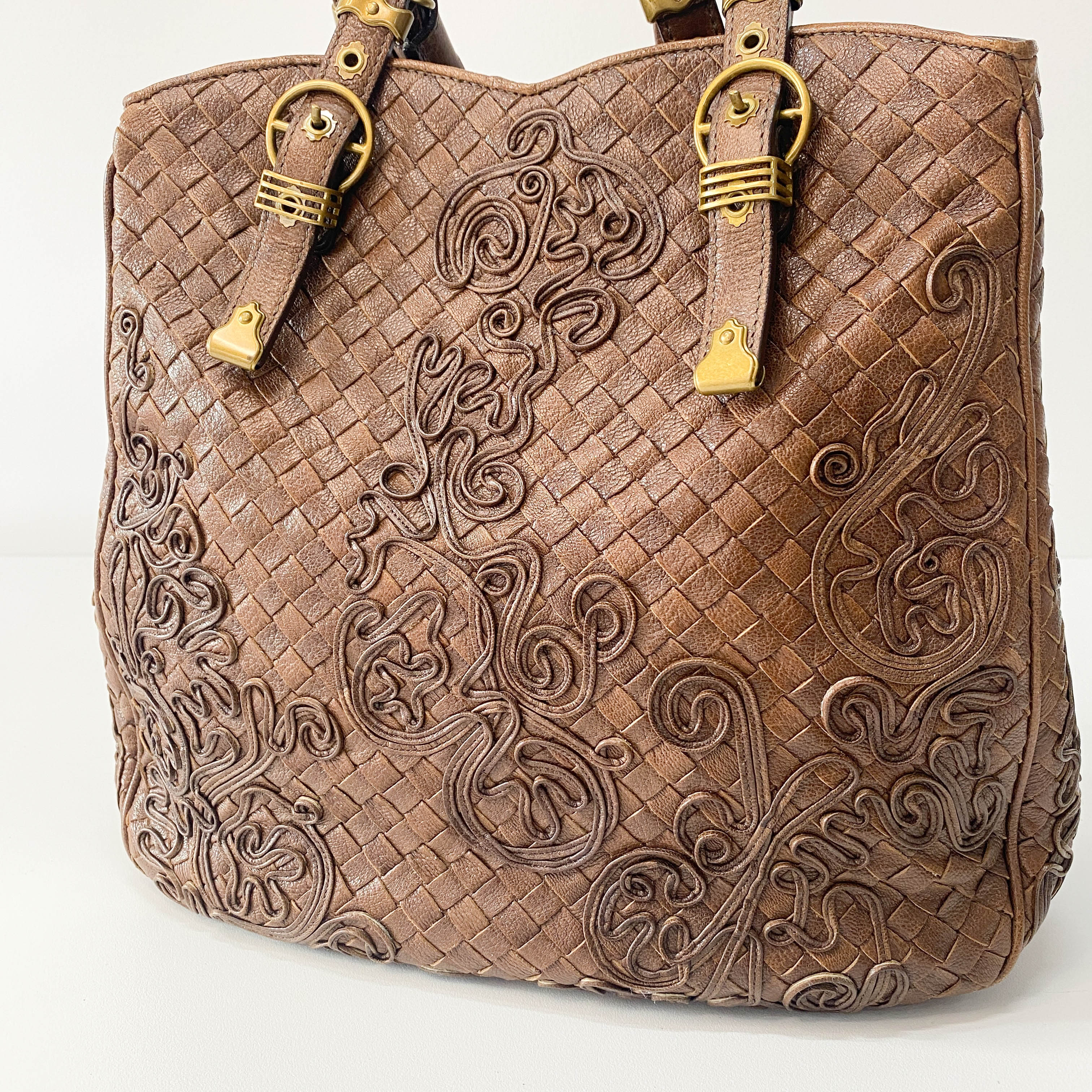 Princess cut Brown Leather Intrecciato and Embroidery Tote Bag