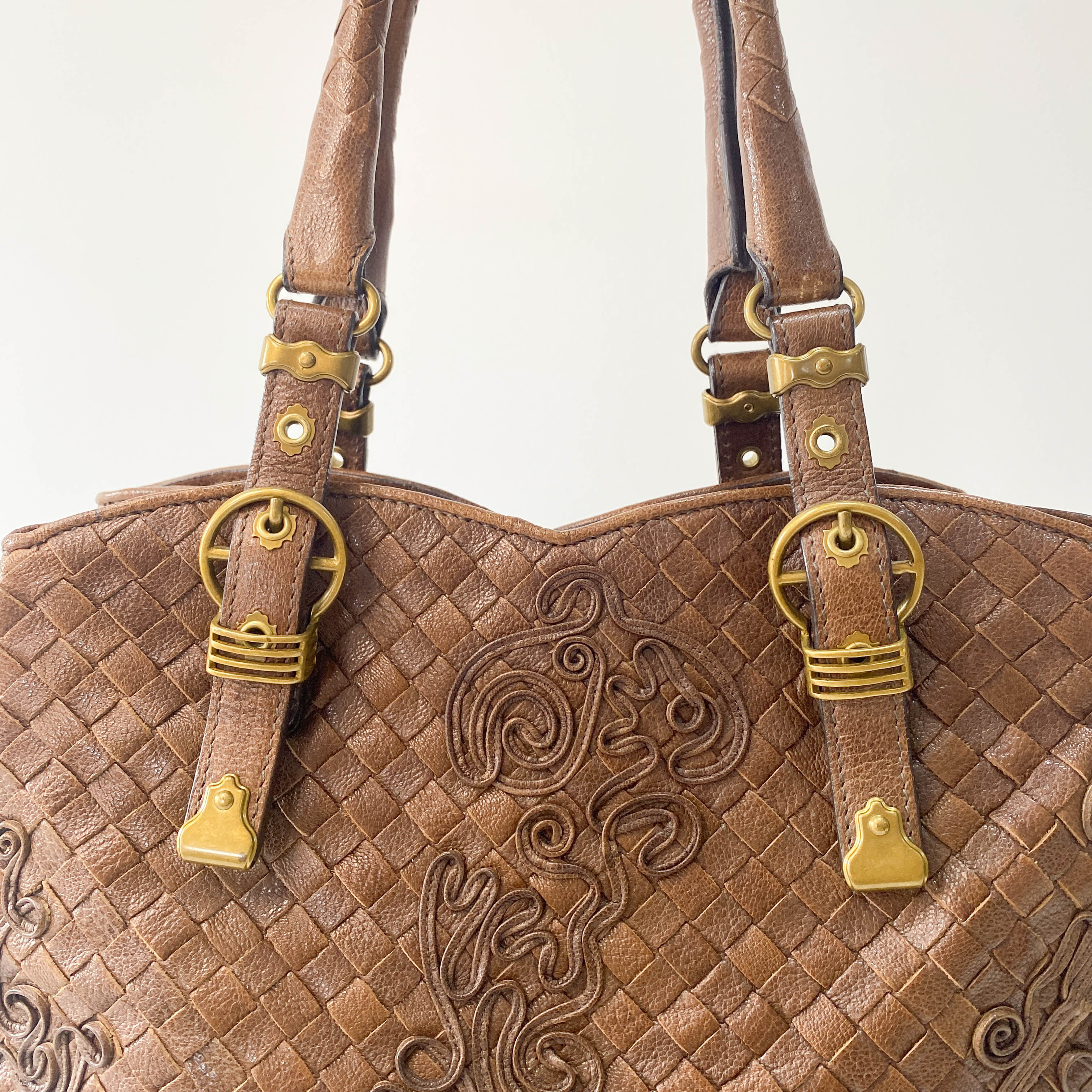 Princess cut Brown Leather Intrecciato and Embroidery Tote Bag