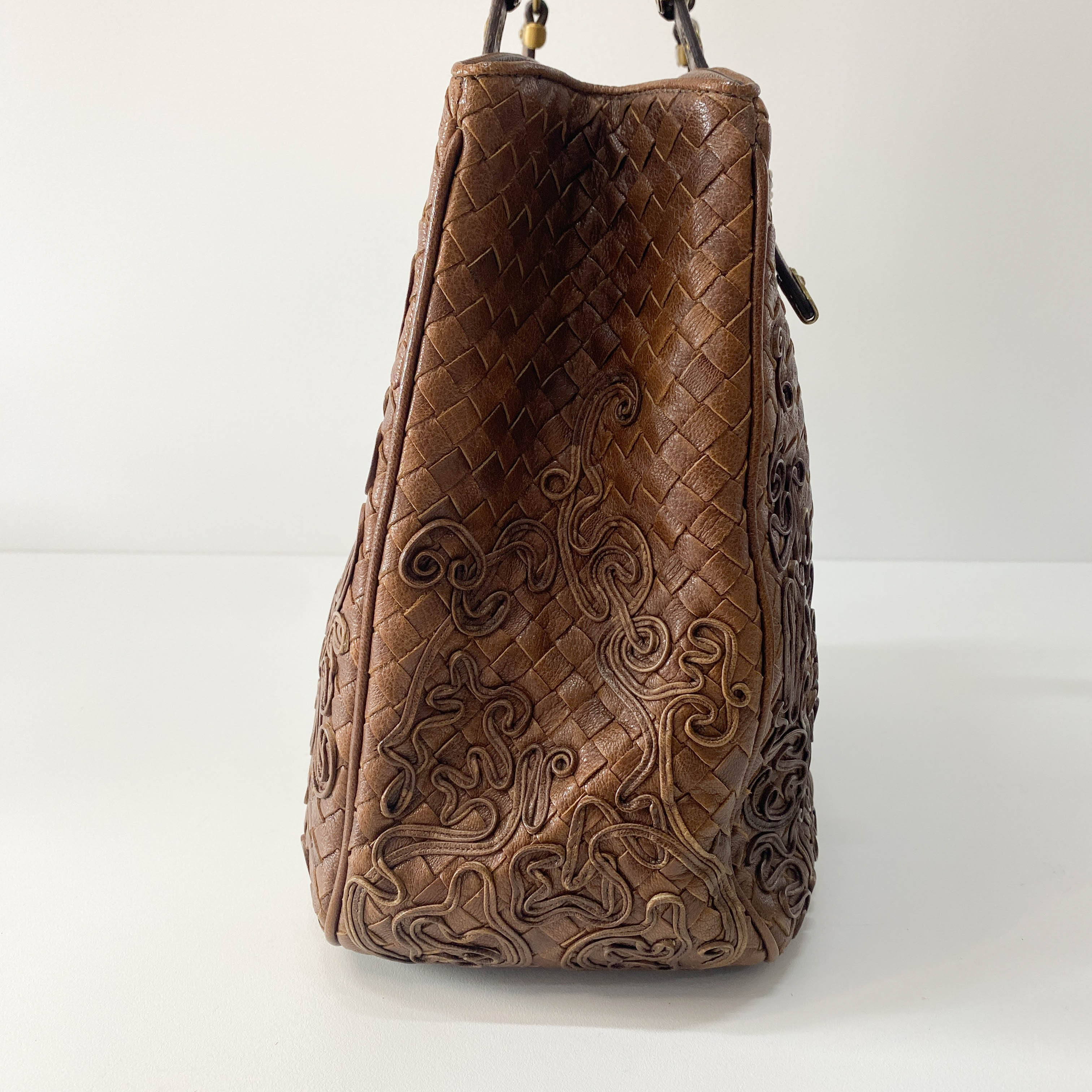 Princess cut Brown Leather Intrecciato and Embroidery Tote Bag
