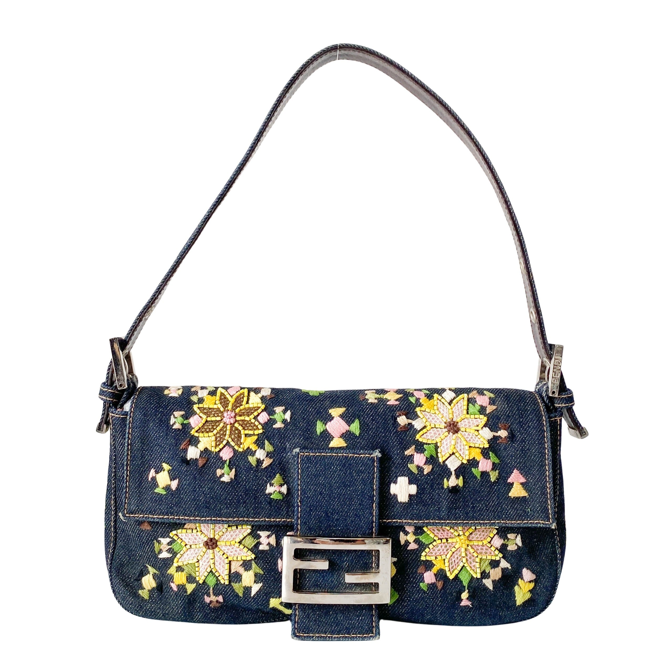 Limited Edition Embroidered Denim Baguette Shoulder Bag