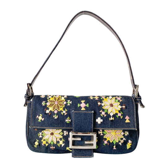 Limited Edition Embroidered Denim Baguette Shoulder Bag