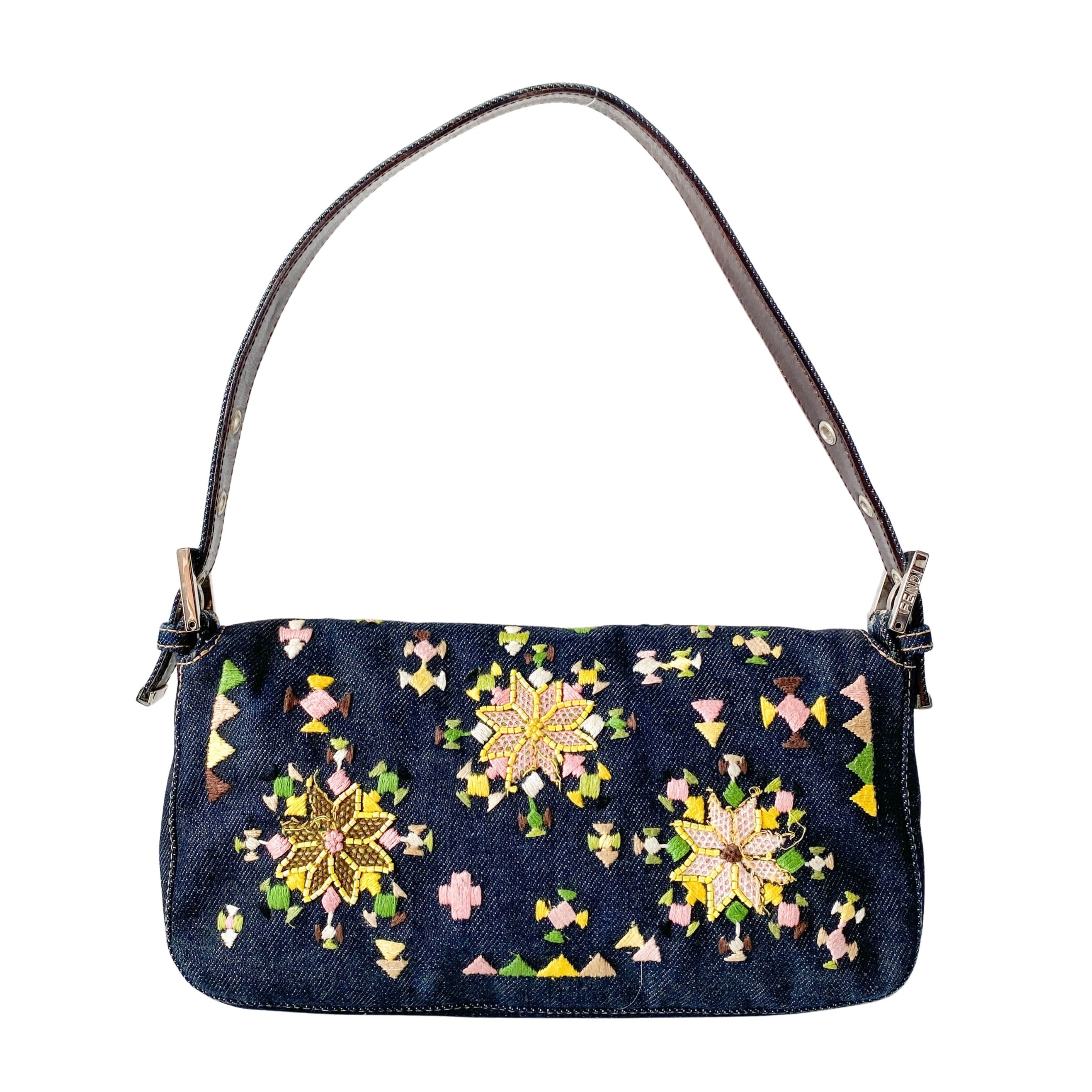 Limited Edition Embroidered Denim Baguette Shoulder Bag