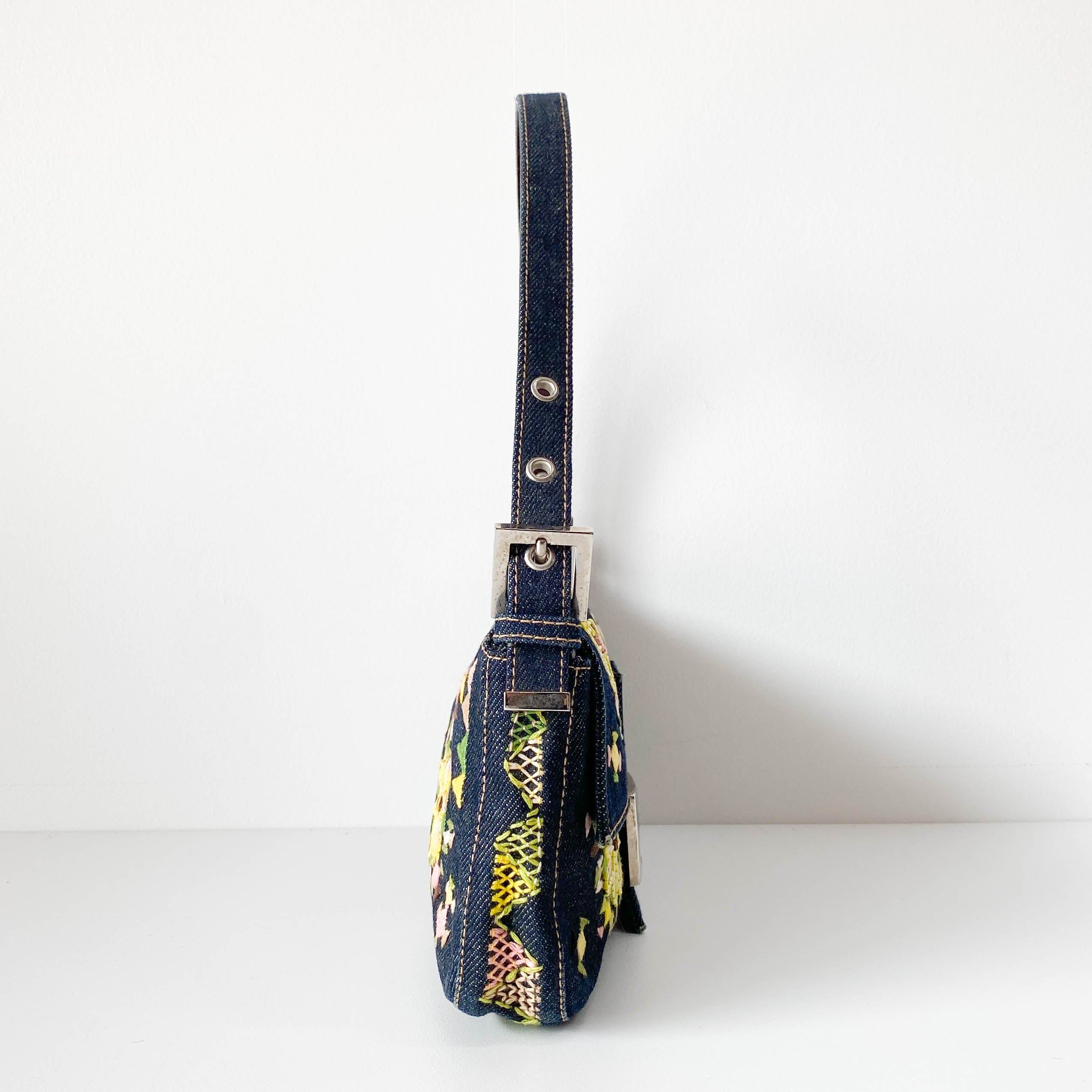 Limited Edition Embroidered Denim Baguette Shoulder Bag
