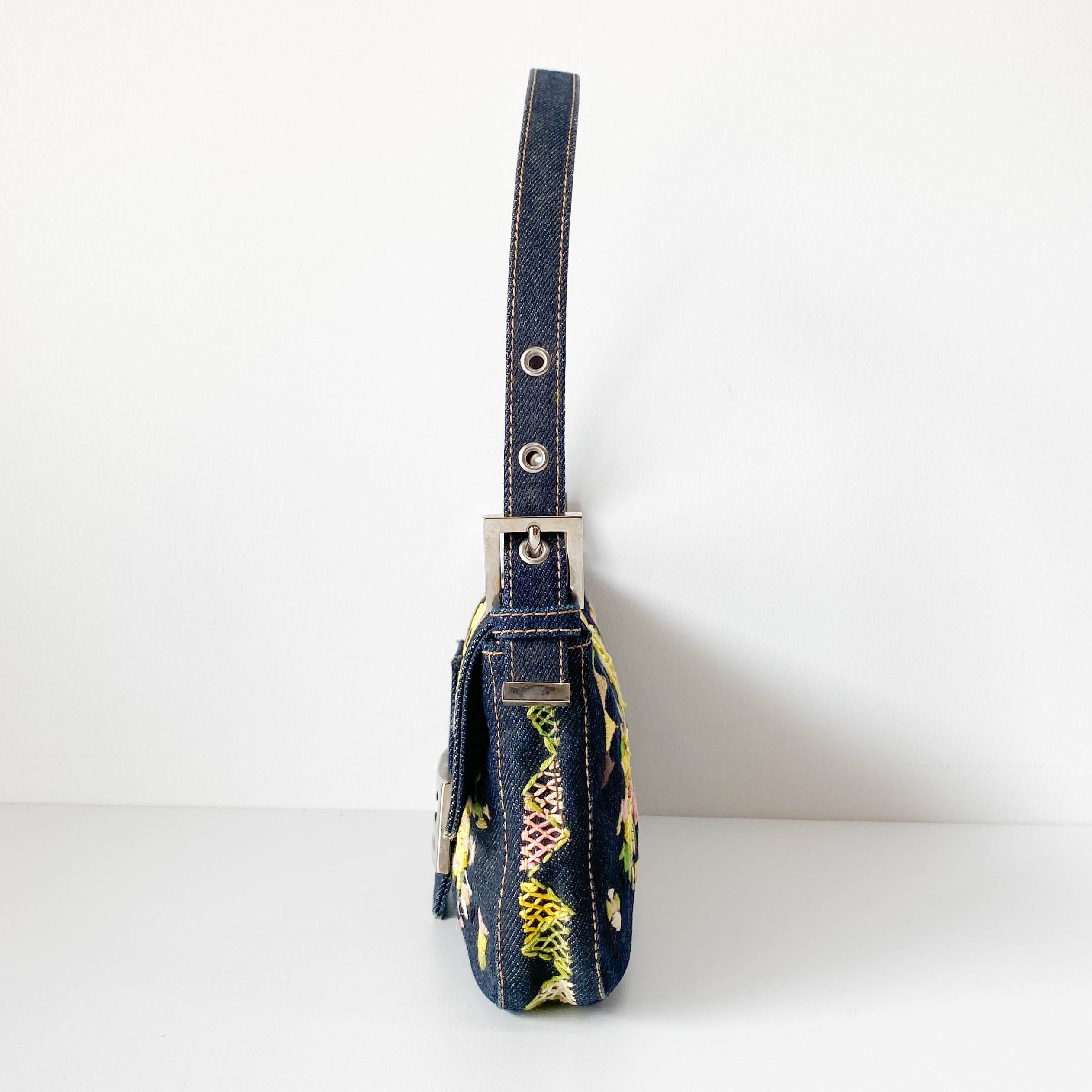Limited Edition Embroidered Denim Baguette Shoulder Bag