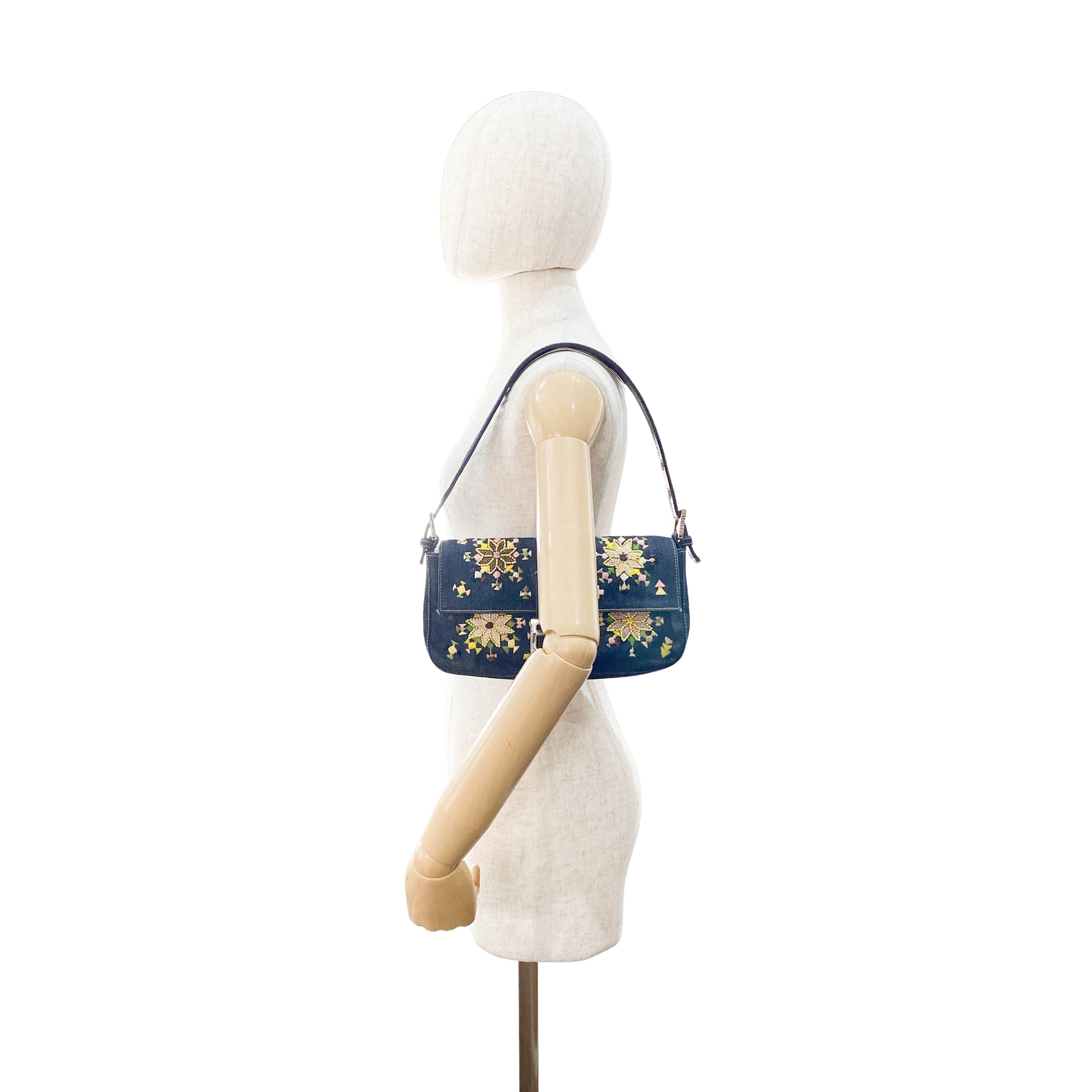 Limited Edition Embroidered Denim Baguette Shoulder Bag