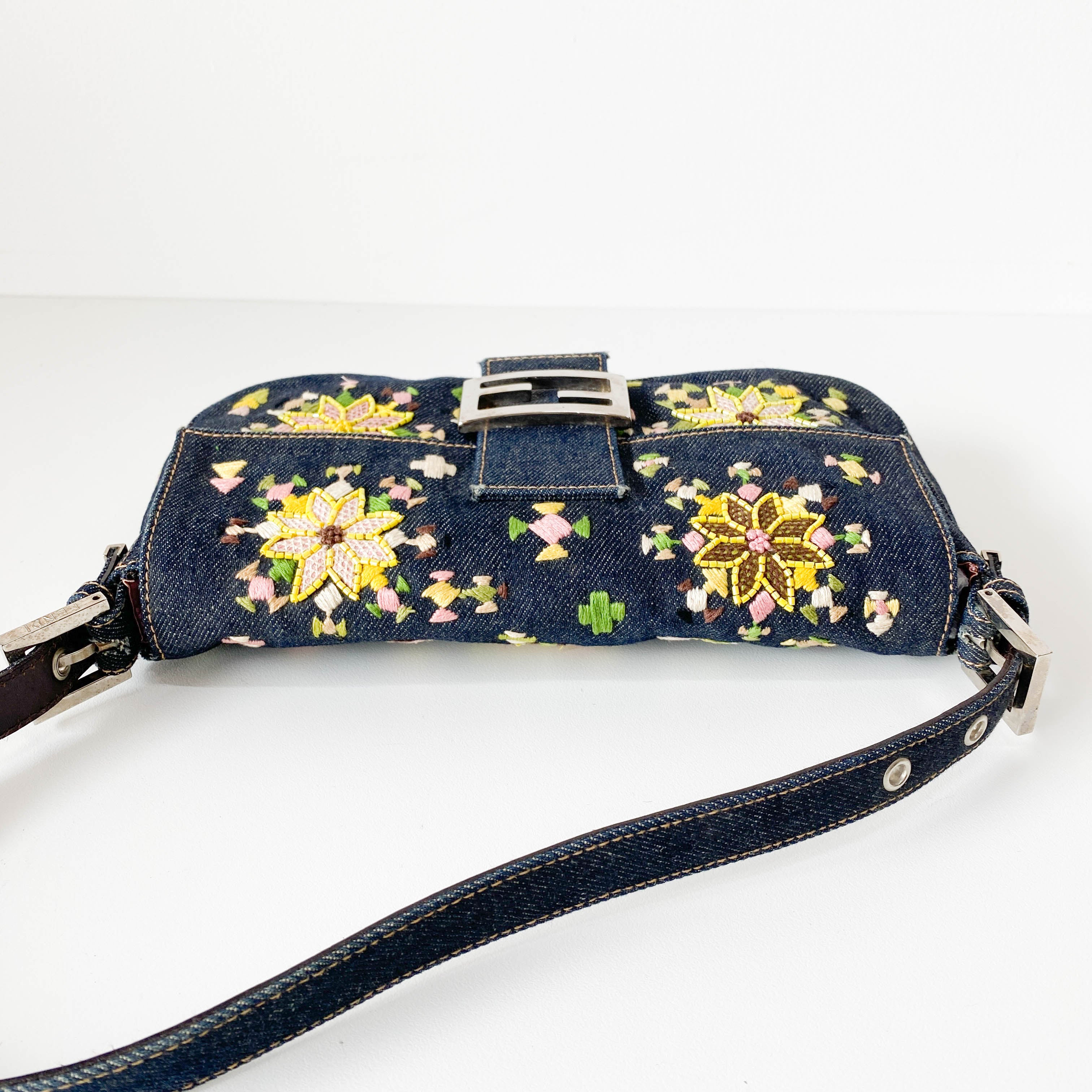 Limited Edition Embroidered Denim Baguette Shoulder Bag