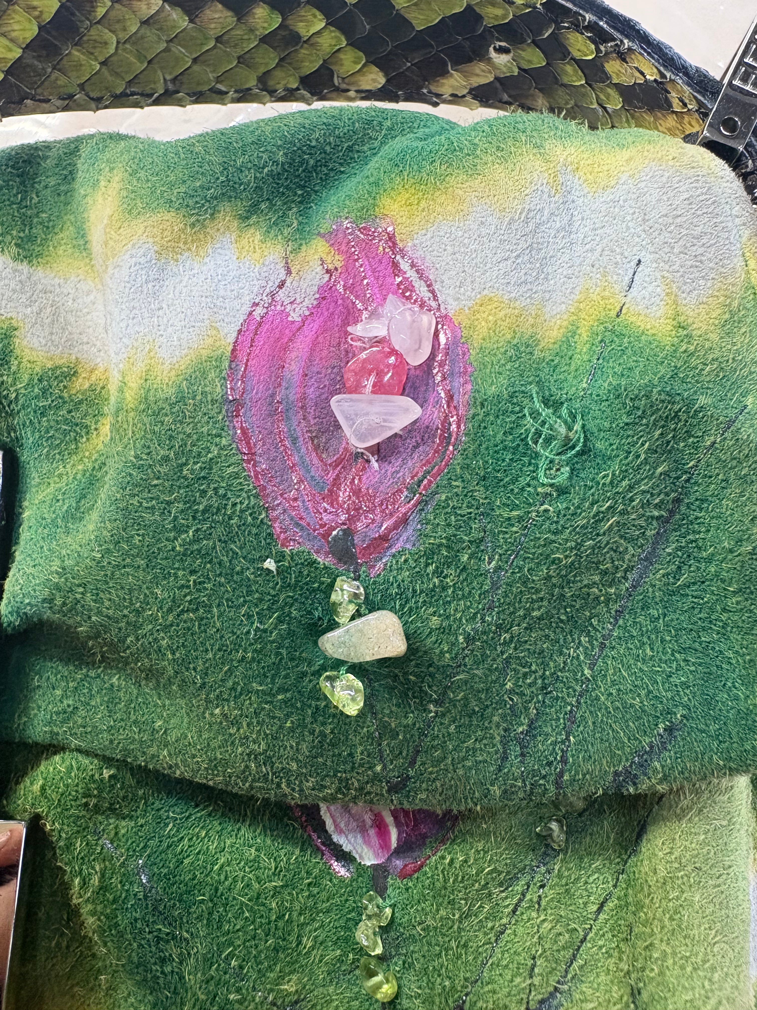 Baguette Green Suede Flower Design Shoulder Bag